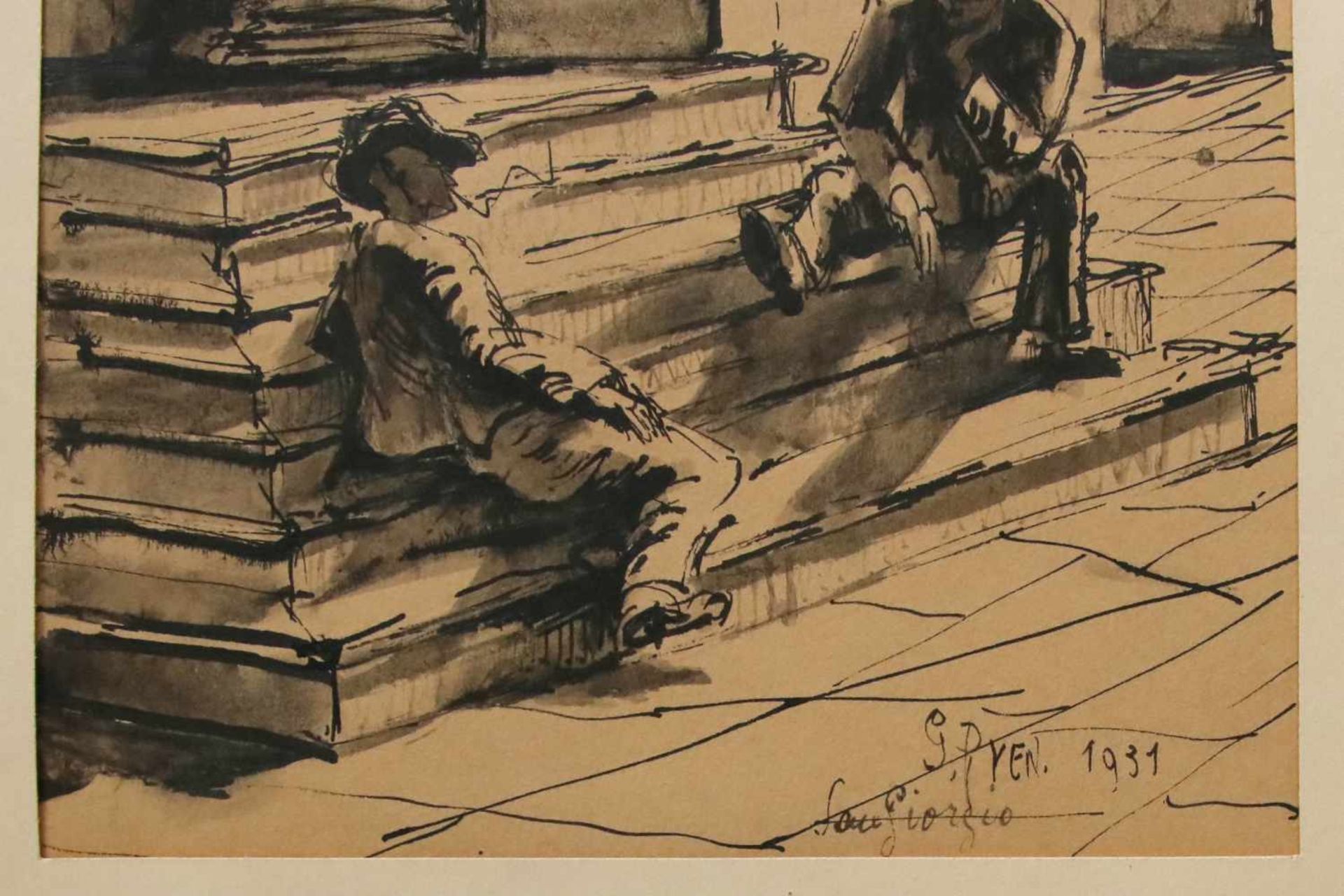 Pevetz Georg1893-1971An den Stufen der San Giorgio Maggiore (Venedig)1931Tusche auf Papier, - Bild 2 aus 2