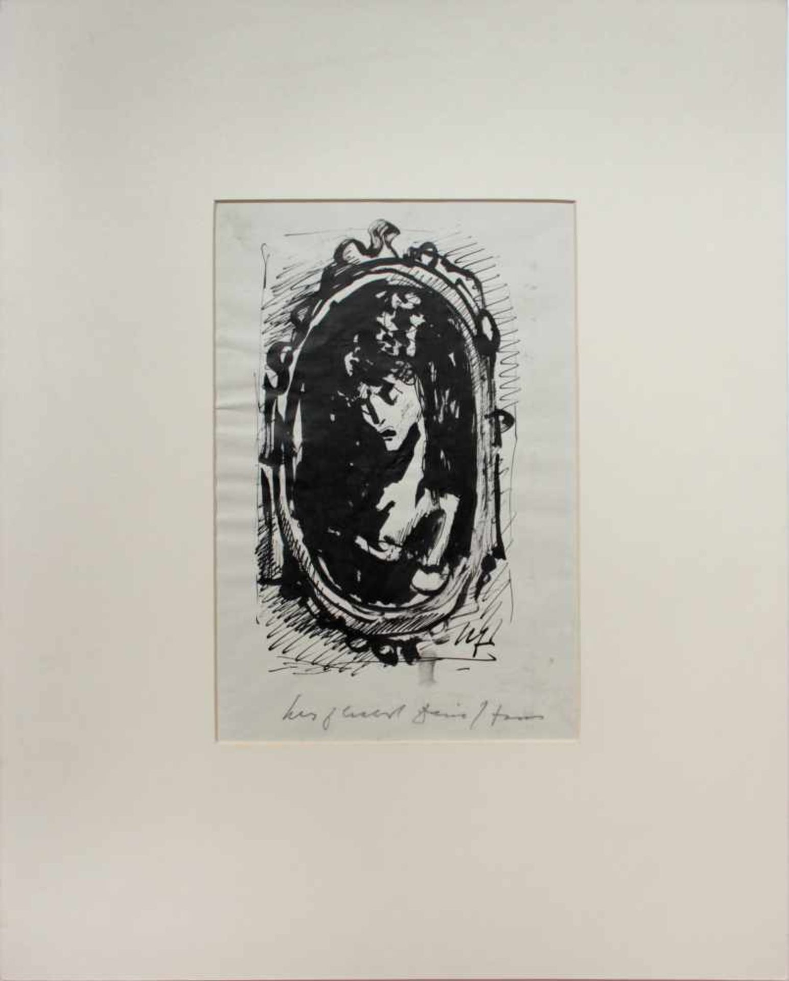 Fronius Hans1903-2001DamenportraitTusche auf Papier, in Passepartout, mit Widmung "Herzlichst dein - Bild 2 aus 3