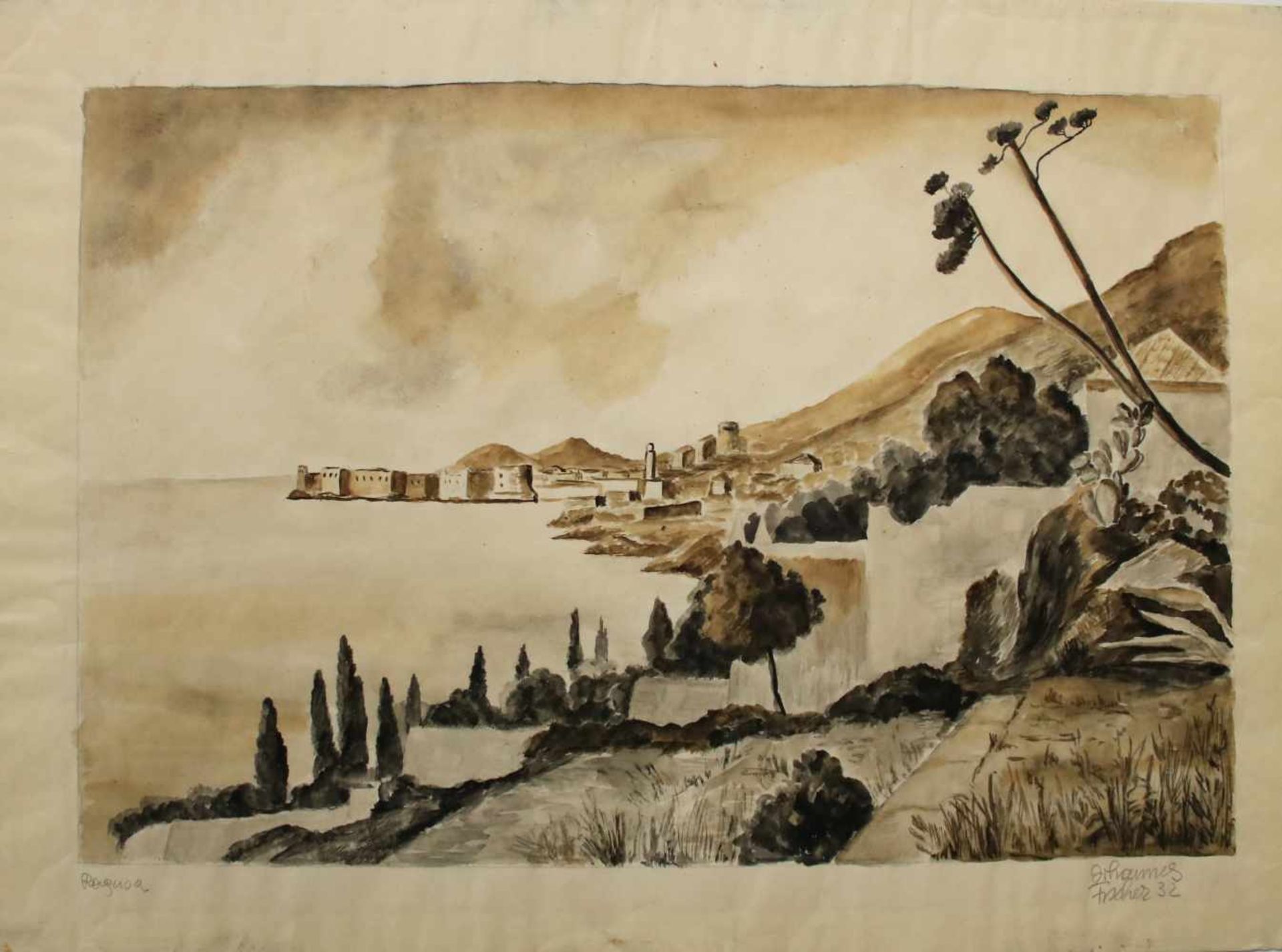 Fischer Johannes1888-1955Ragusa1932Tusche und Aquarell auf Papier, handsigniert41,5 x 48,5 cm