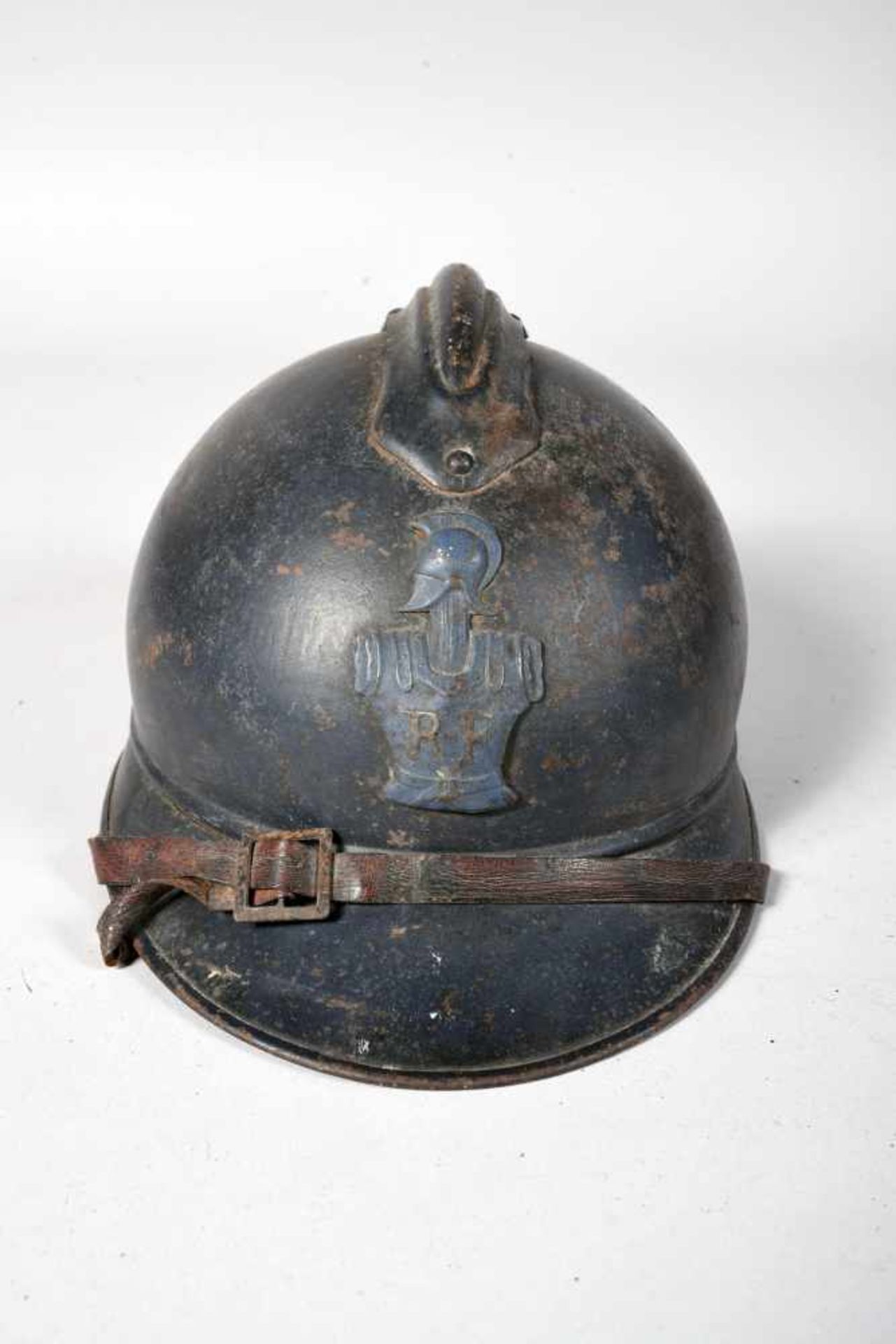 Casque Adrian 1915. Génie. Peinture bleu d’usine. Coque B. Coiffe 2ème type noire et fauve avec sa