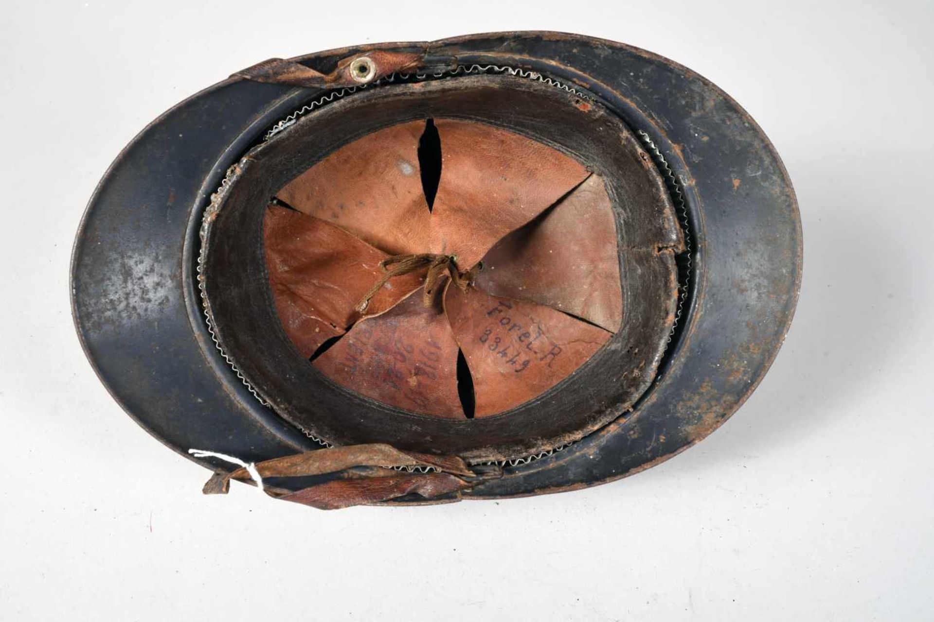 Casque Adrian 1915. Génie. Peinture bleu d’usine. Coque B. Coiffe 2ème type noire et fauve avec sa - Bild 4 aus 4