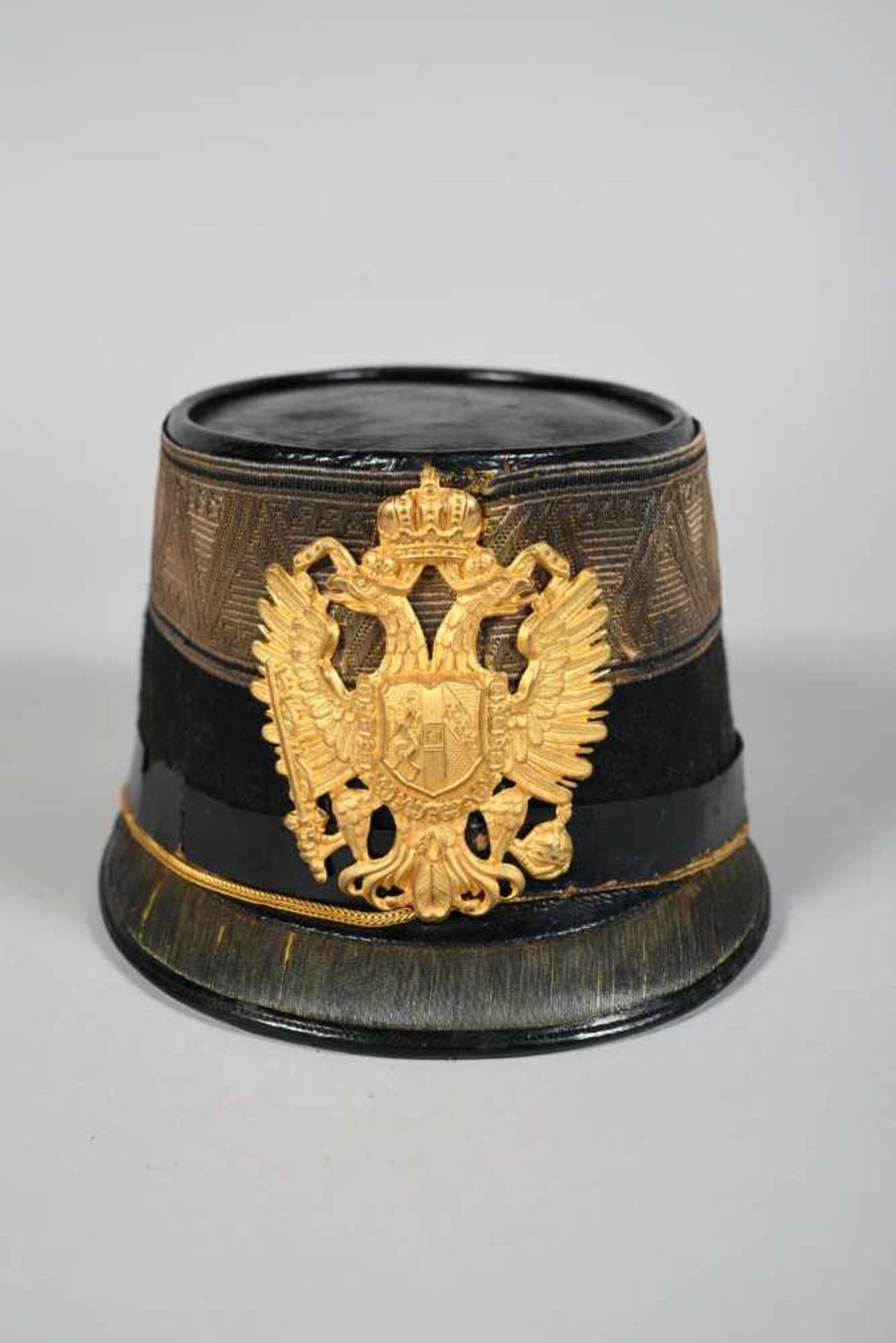 Autriche. Shako d’officier en drap noir, avec un large galon. Plaque à ‘aigle bicéphale, intérieur - Bild 3 aus 5