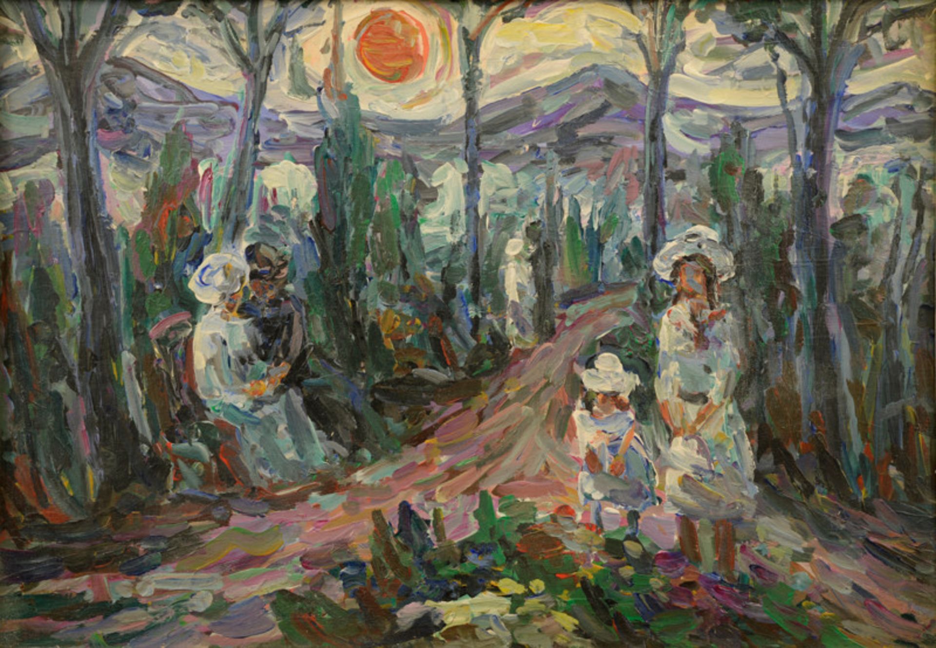 Alfred Wais (1905 - 1988), Öl auf Holz - "Flanierende Personen unter roter Sonne"verso auf dem