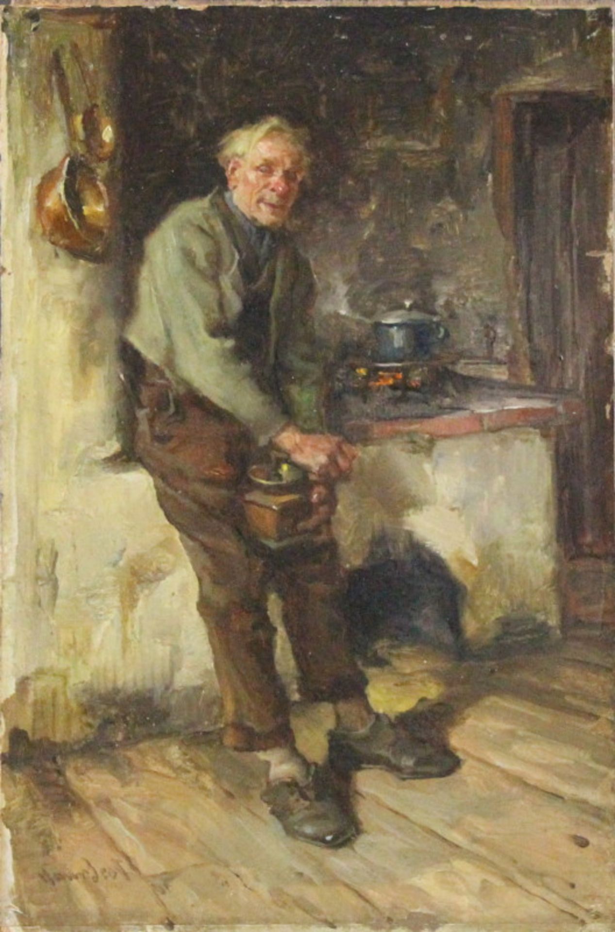 Johann Hans Best (1874 - 1942) - Öl auf Malkarton, "Alter Mann mit Kaffeemühle am Ofen"unten links - Bild 2 aus 4