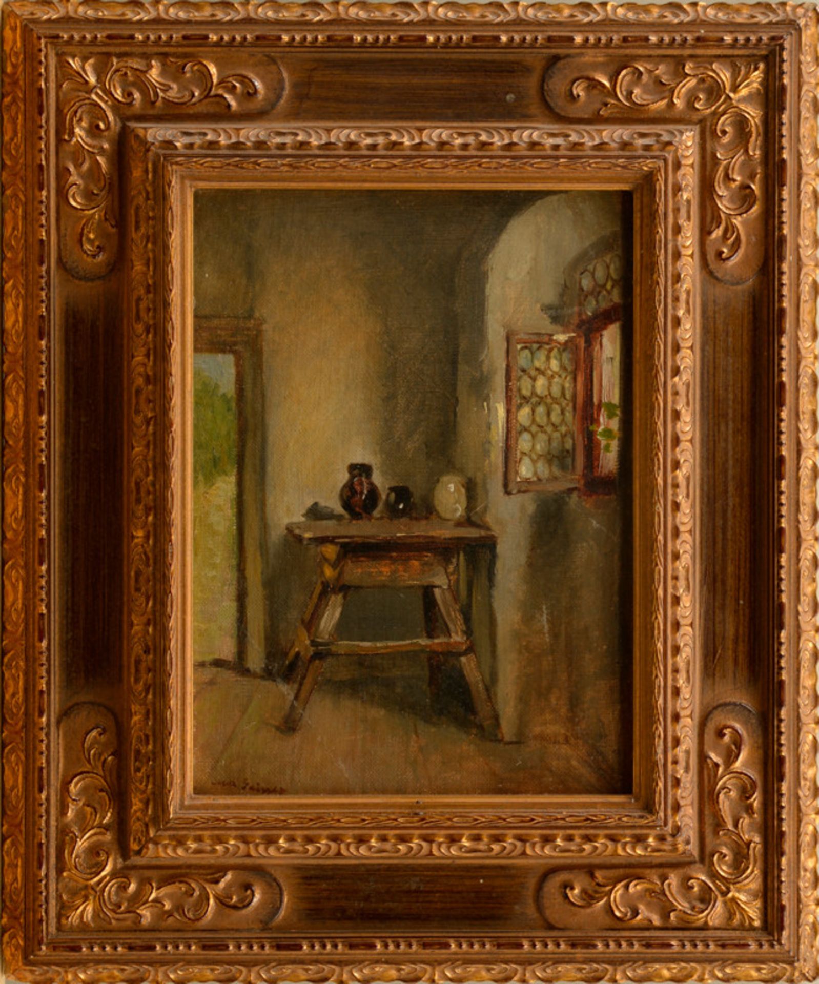 Max Gaisser (1857-1922) - Öl auf Leinwand, "Bauerntisch mit Keramikkrügen in der Diele"unten links