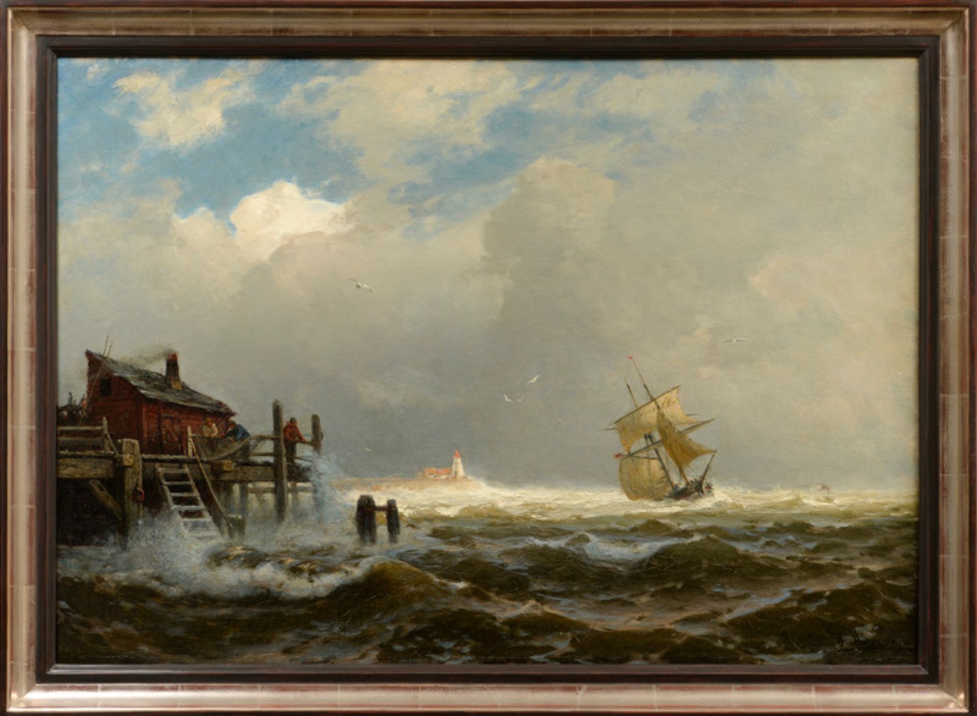 Walter Moras (1856 - 1925) - Öl auf Leinwand, "Zweimaster in rauer See, vor einer Landzunge mit