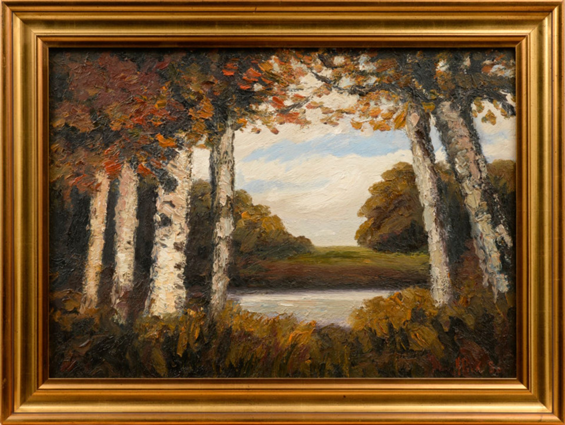 Hans Pick (1931 - 2014) - Öl auf Hartfaserplatte, "Birken im Herbst am Moorgraben", (19)86unten