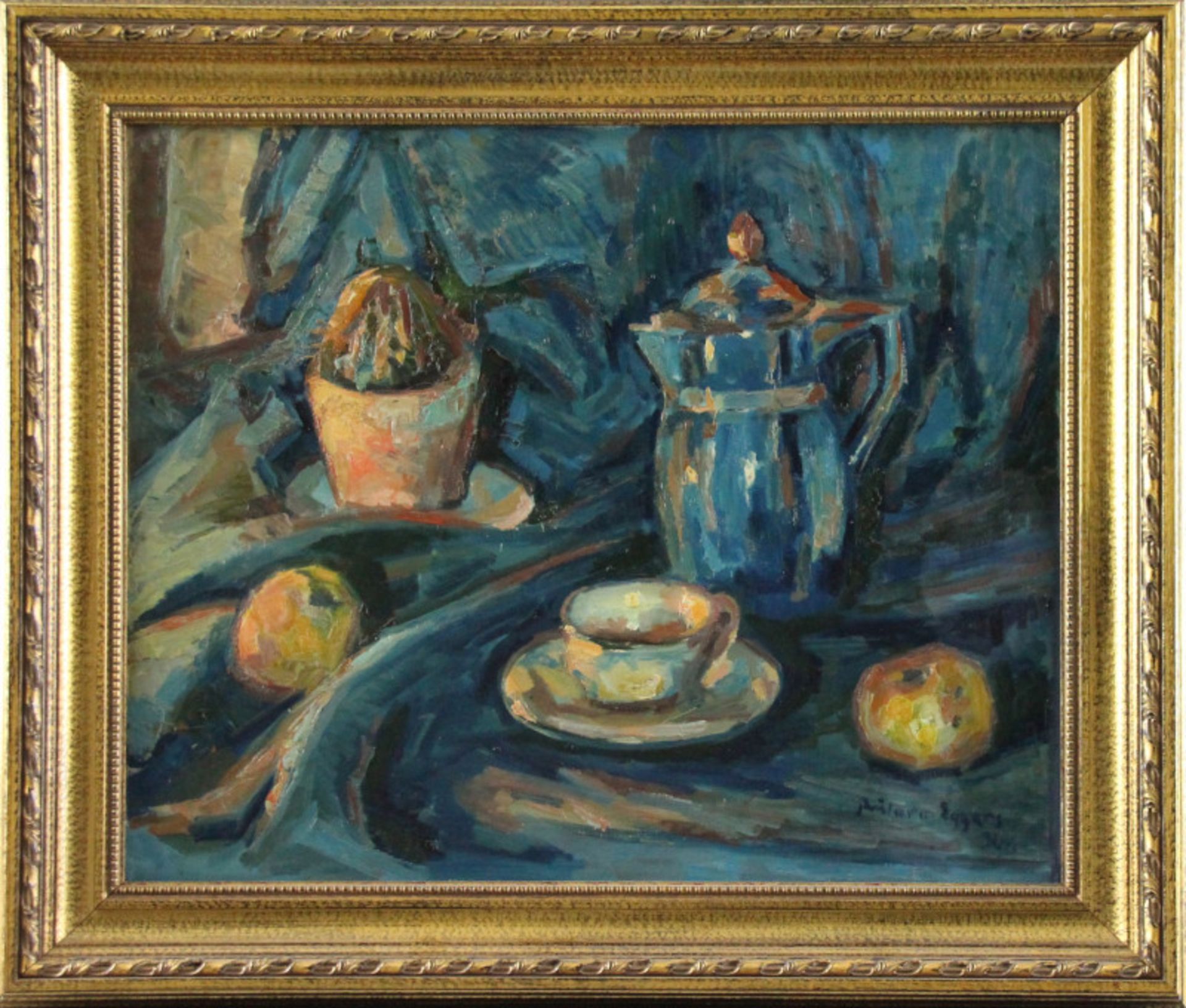 Richard Eggers (1905 - 1995) - Öl auf Leinwand, "Stillleben mit Früchten, Kaktus, Kanne und Tasse