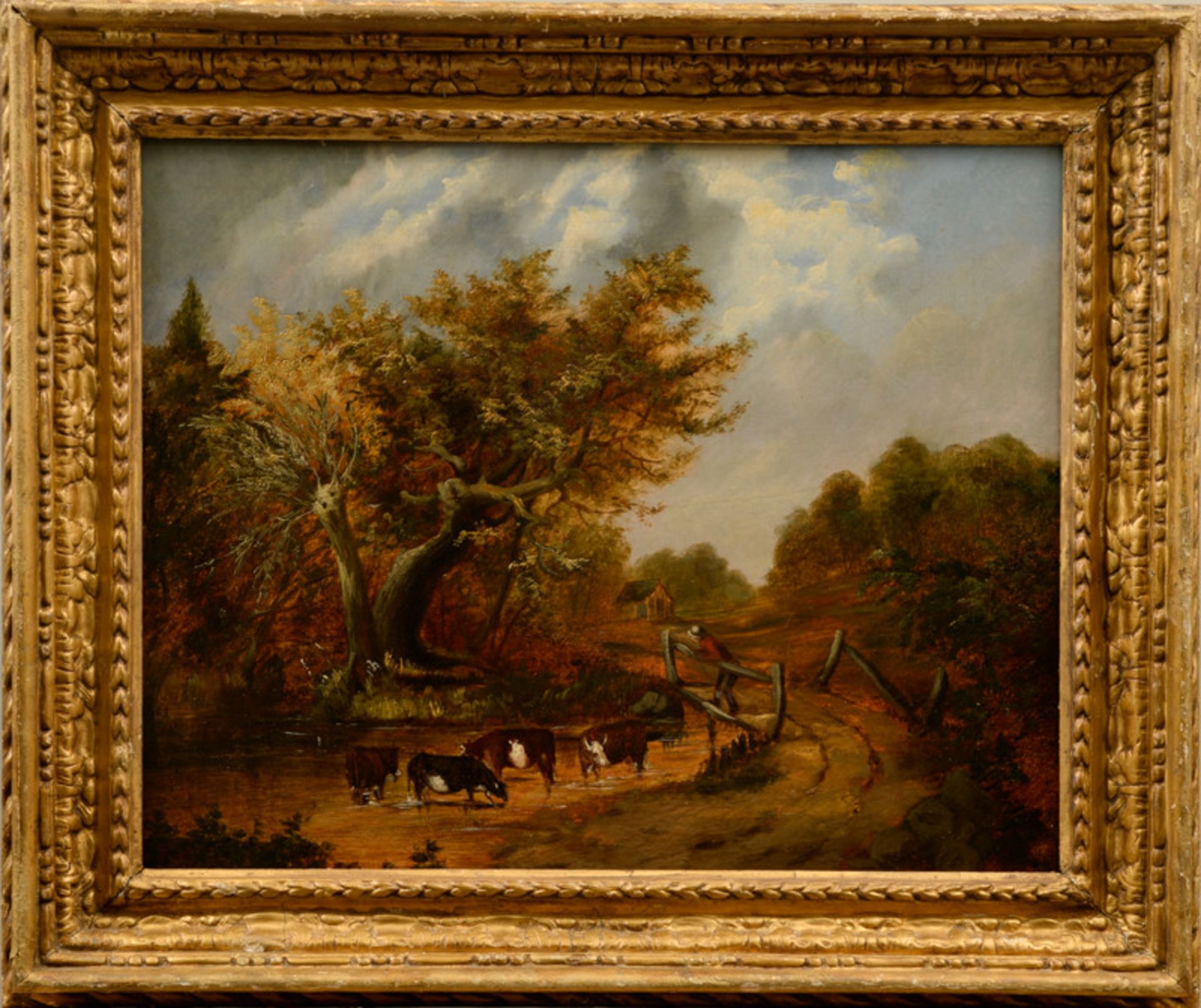 Englischer Maler (19./20. Jhd.) - Öl auf Leinwand, "Hirte unter knorrigen Bäumen auf seine Rinder