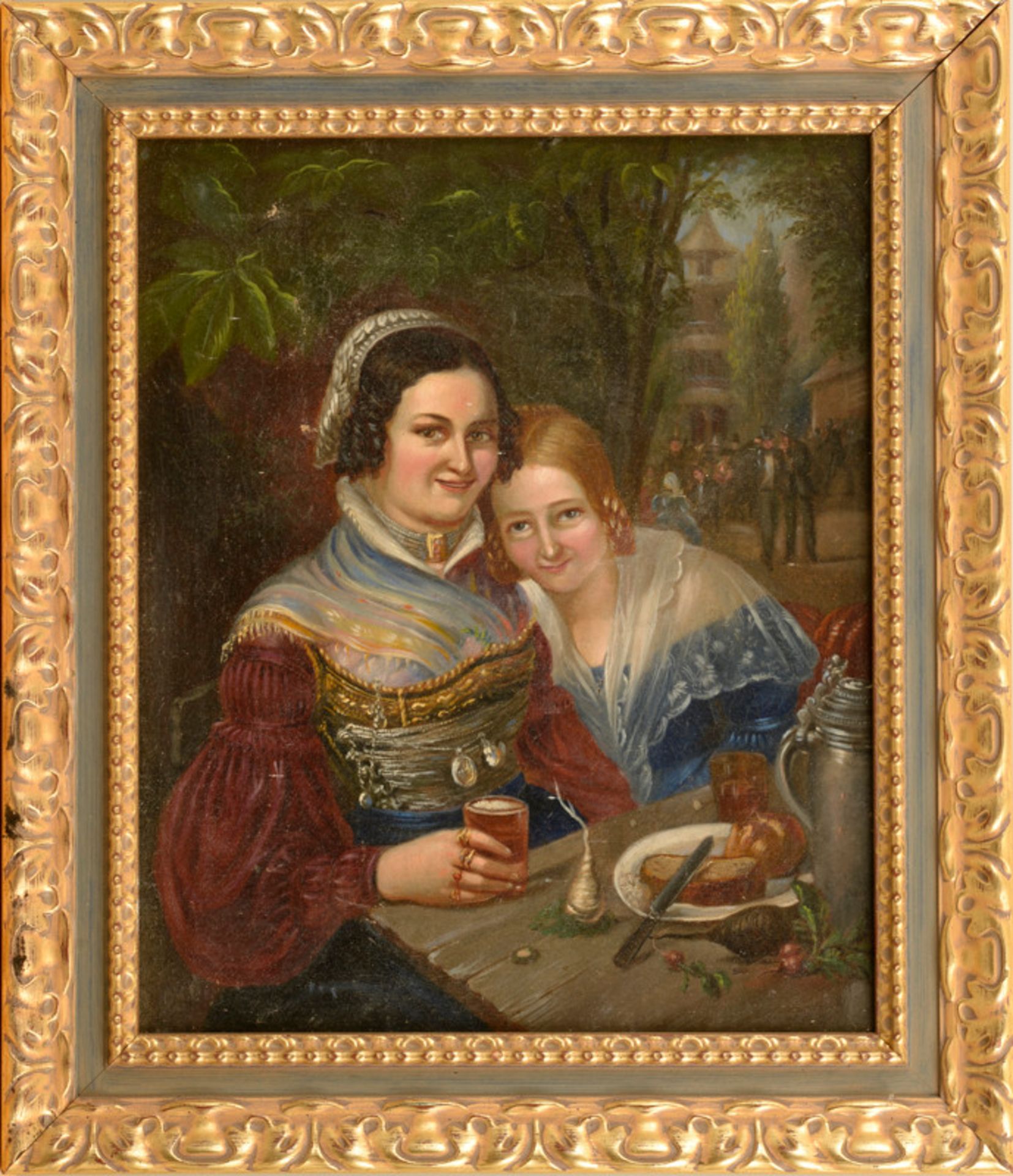 Süddeutscher Maler (1. H. 19. Jhd.) - Öl auf Leinwand, "Mutter und Tochter bei der Brotzeit vor
