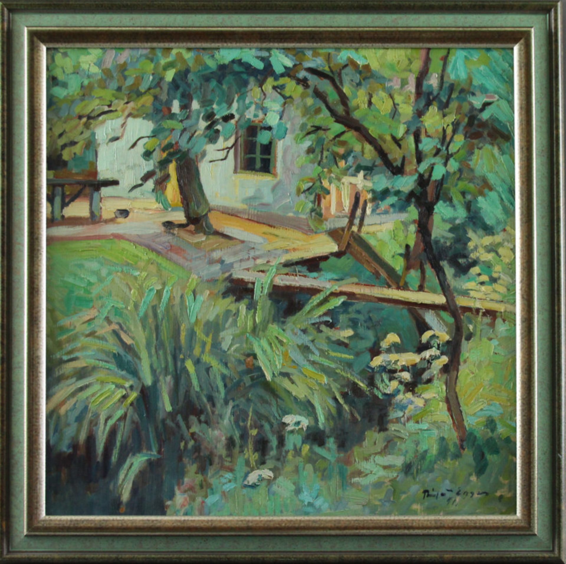Richard Eggers (1905 - 1995) - Öl auf Hartfaser, "Altländer Bauernhaus am Schilf bewachsenen