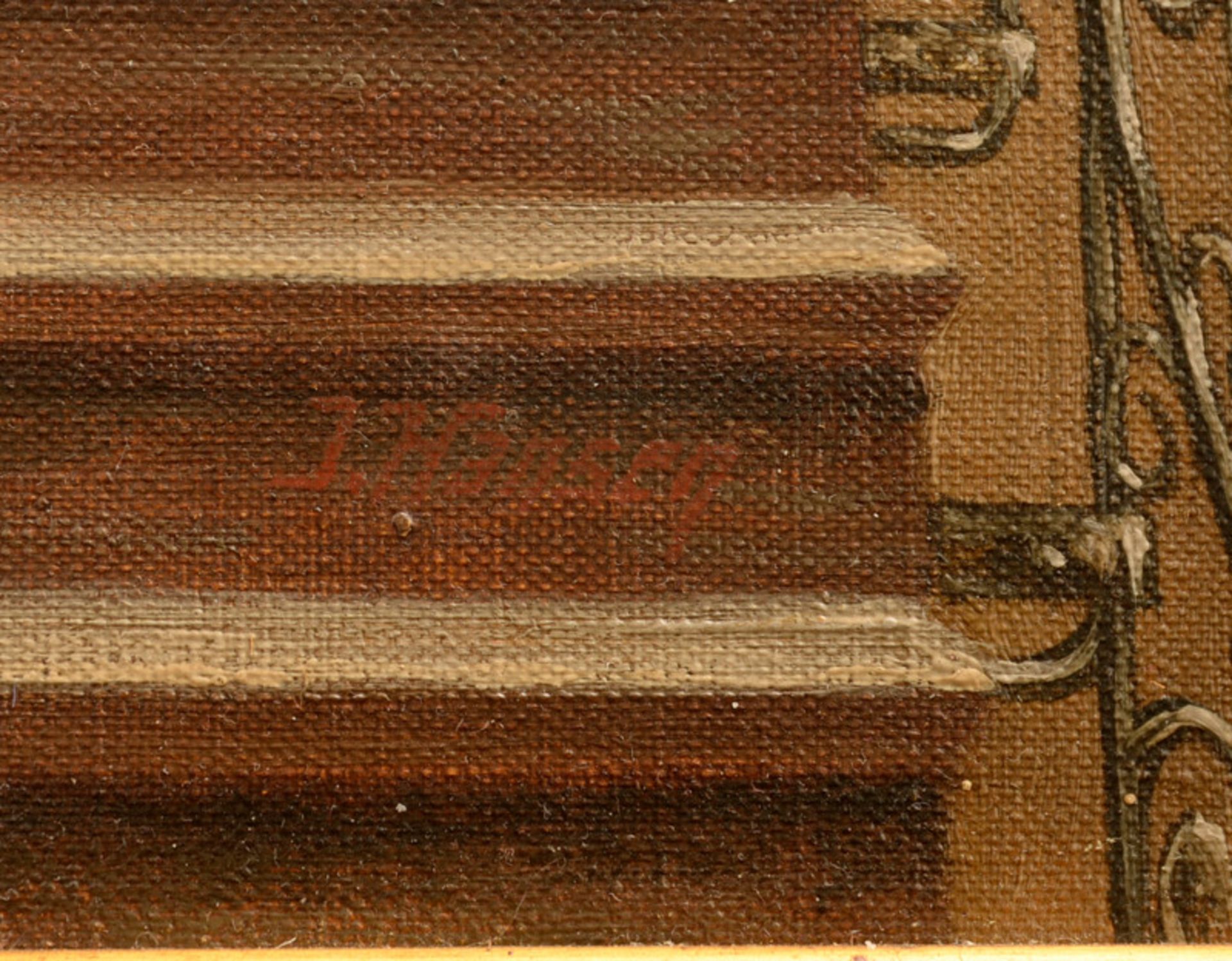 J. Hansen (1. H. 20. Jhd.) - Öl auf Leinwand, "Bedienstete und Schornsteinfeger im Treppenhaus ( - Image 3 of 3