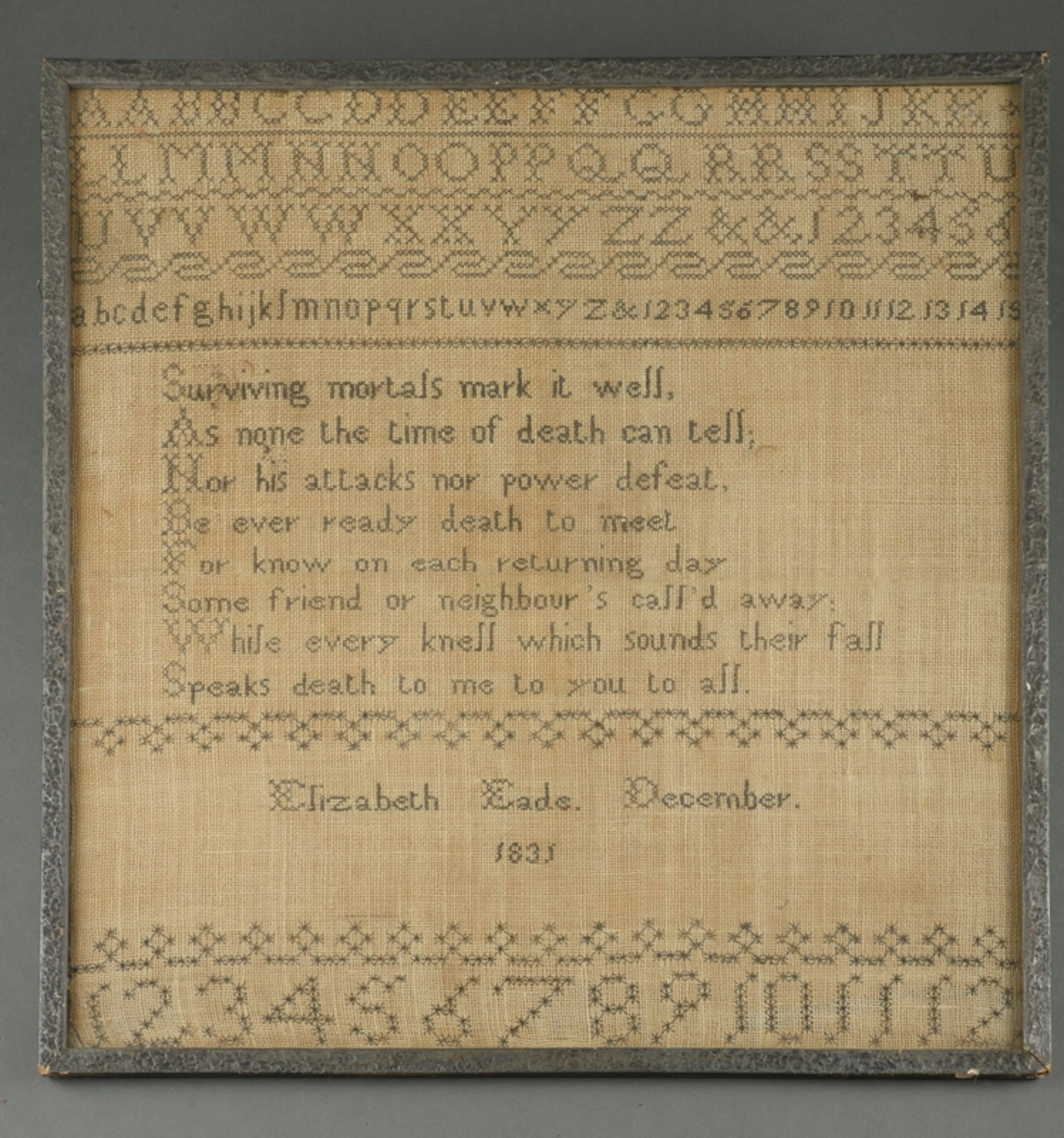 Elizabeth Eads (1. H. 19. Jhd.) - ABC-Stickbild mit Spruch auf Stramin, England, 1831ABC und