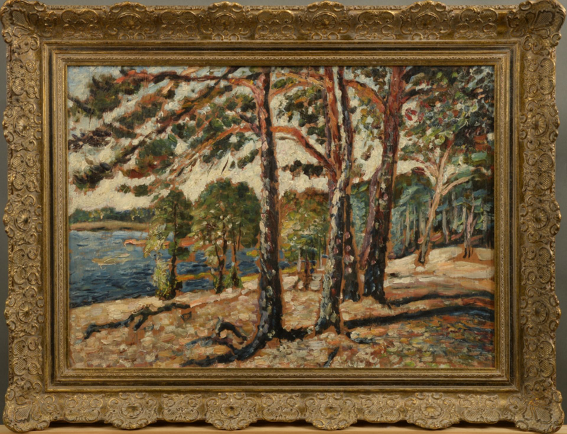 Expressionist im Stil von Wassily Kandinsky - Öl auf Holz, "Märkische Landschaft am See", 1. H.