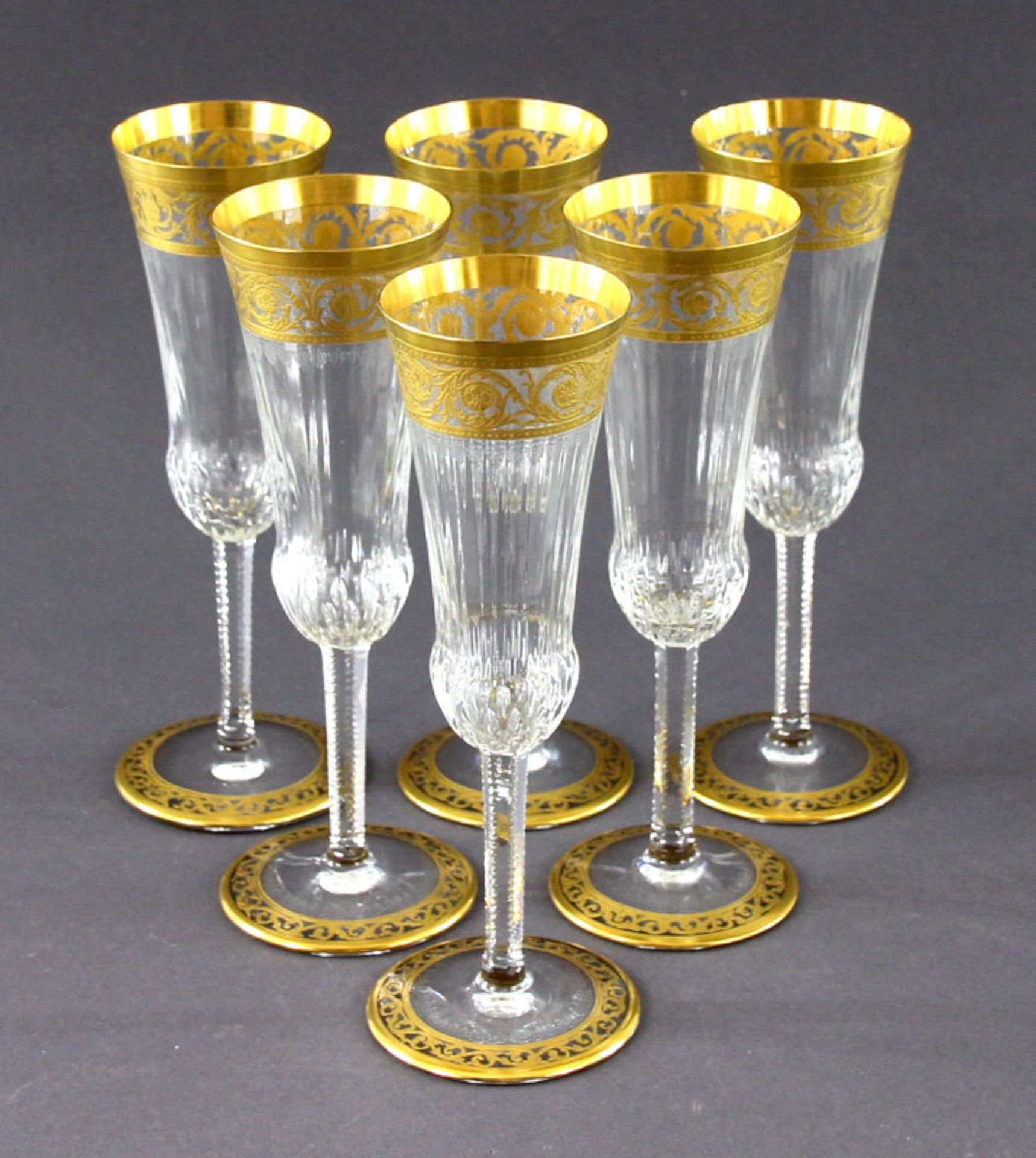 6 Sektflöten der Manufaktur Saint-Louis (Frankreich), "Thistle Gold", 20. Jahrhundertfarbloses Glas,