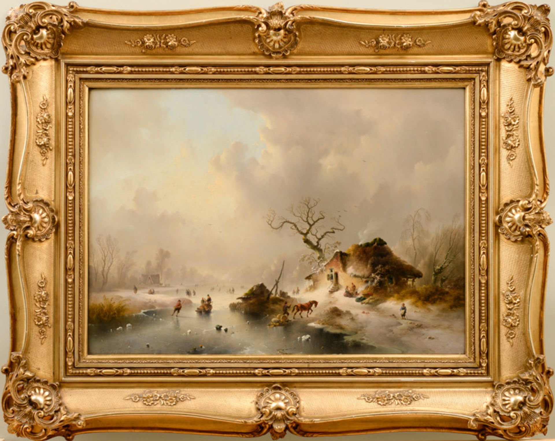 Charles van der Eycken (1809 - 1891) - Öl auf Mahagoni-Holzplatte, "Niederländische Winteridylle