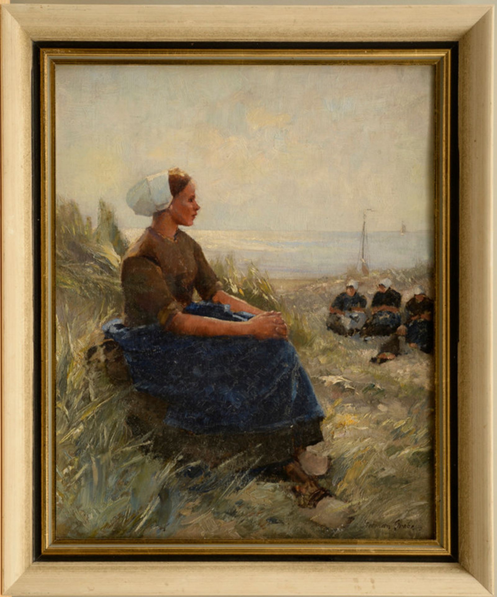 German Grobe (1857 - 1938) - Öl auf Leinwand, "Fischerfrauen in den Dünen an der Meeresküste"unten