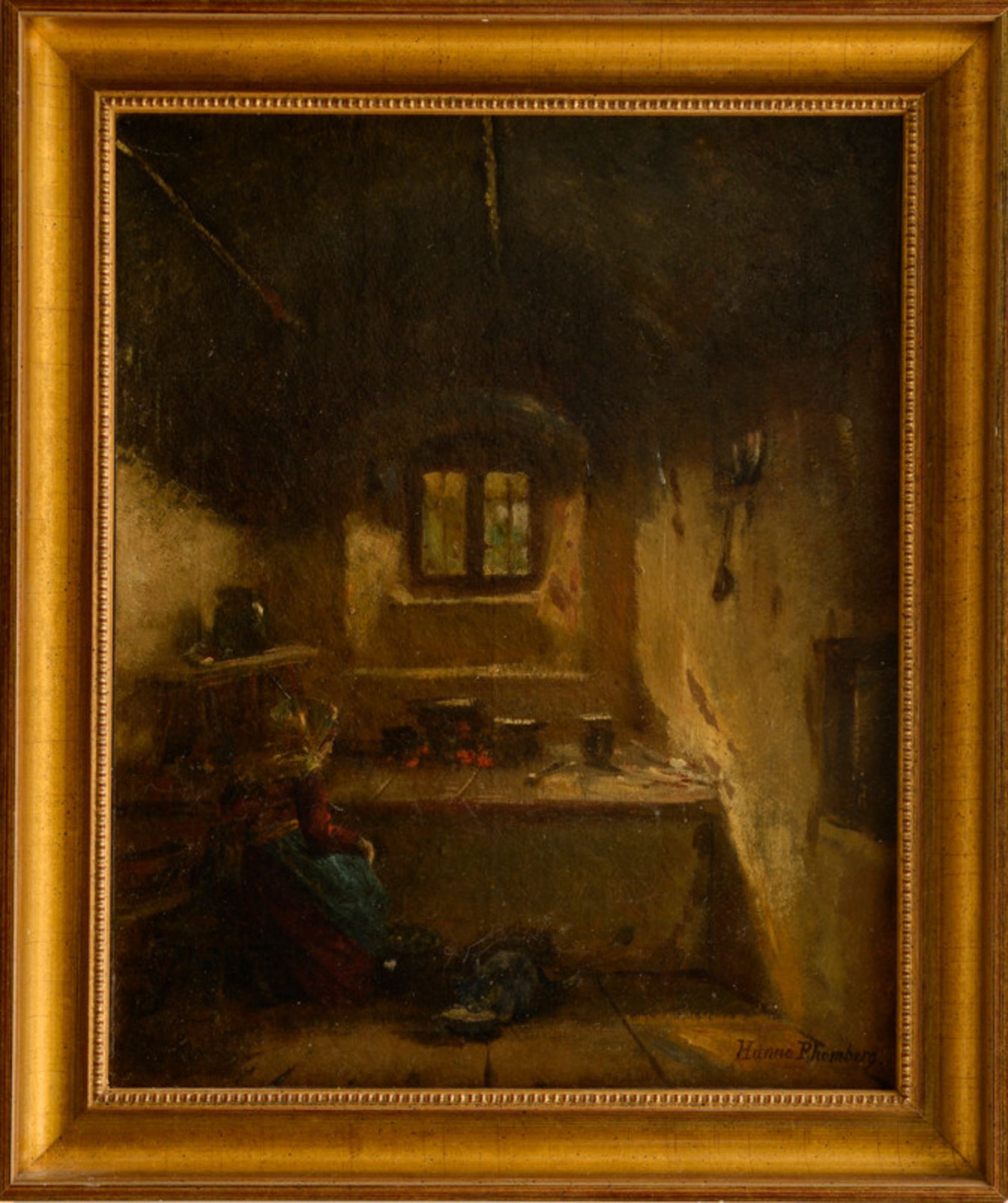 Hanno Rhomberg (1819 - 1869) wohl - Öl auf Leinwand, "Alte Frau mit milchschleckender kleiner