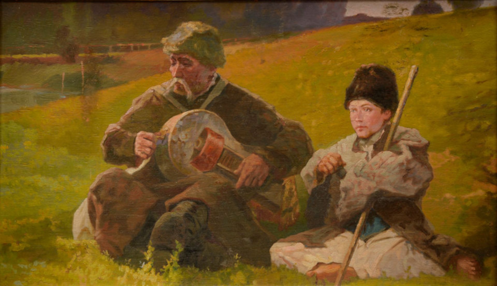 Stepan Danylovyc Butnik (1873 - 1953) - Öl auf Holz, "Am Flußlauf ein rastender blinder Wanderer