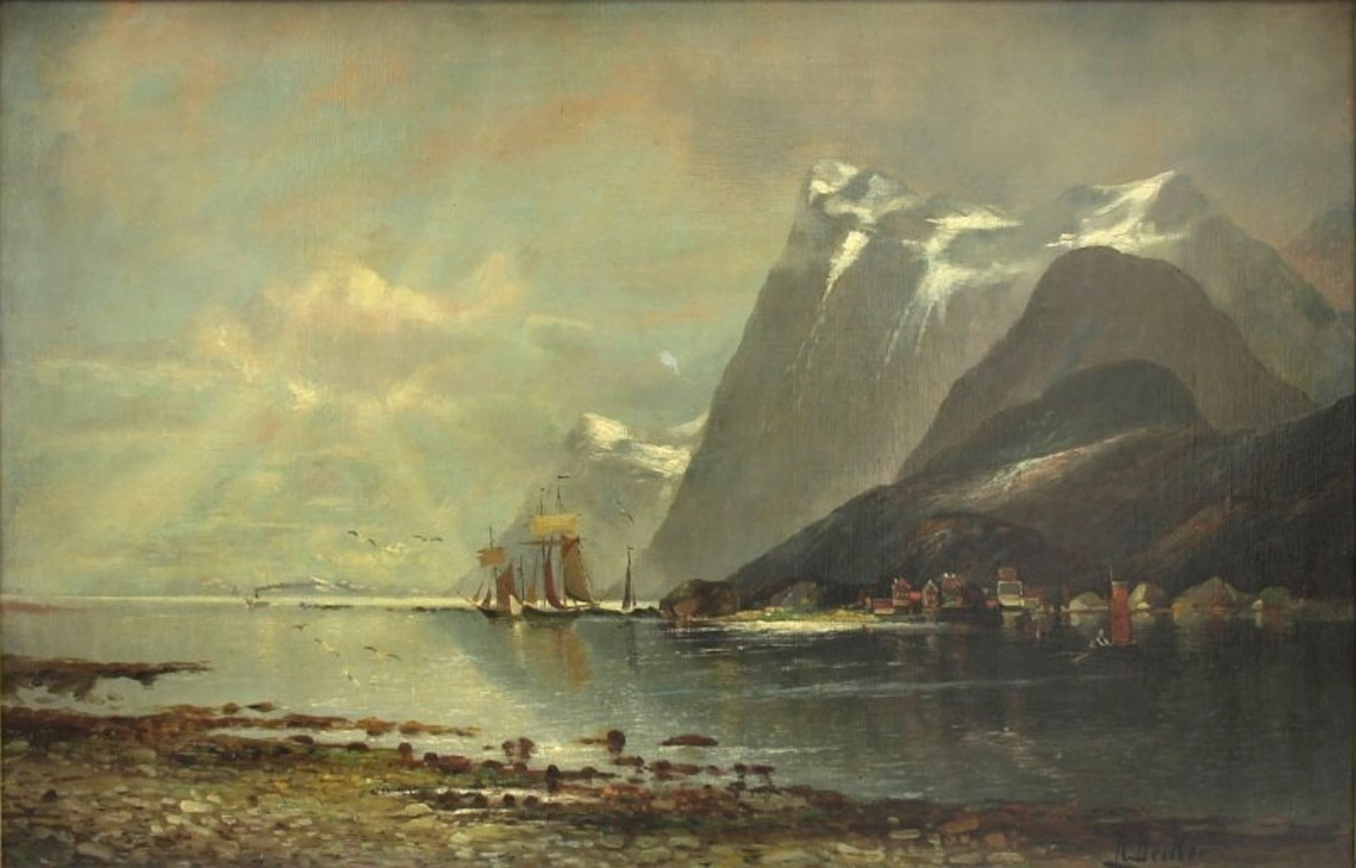 Rudolf Becker (1856 - ?) - Öl auf Leinwand, "Norwegische Fjordlandschaft mit Fischerhäusern, - Bild 2 aus 4