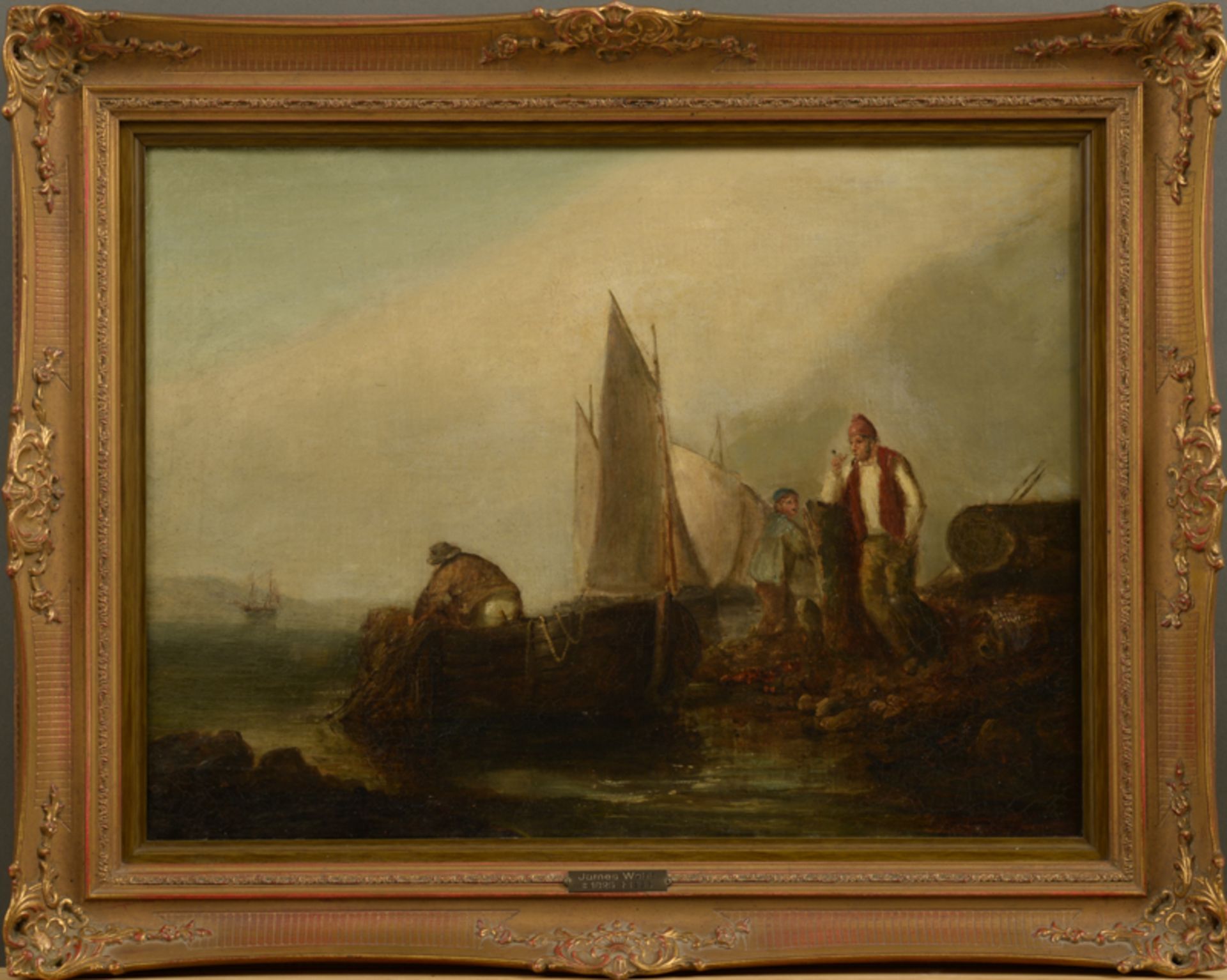 James Webb (1825 - 1895) - Öl auf Leinwand, "Fischer im Boot seine Netze einholend, am Ufer ein Mann