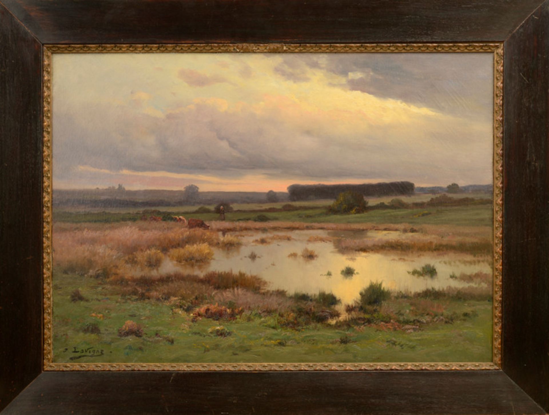 Emile Joseph Lavigne (1827 - 1875) - Öl auf Leinwand, "Hirtin mit ihren Rindern unter morgenrotem