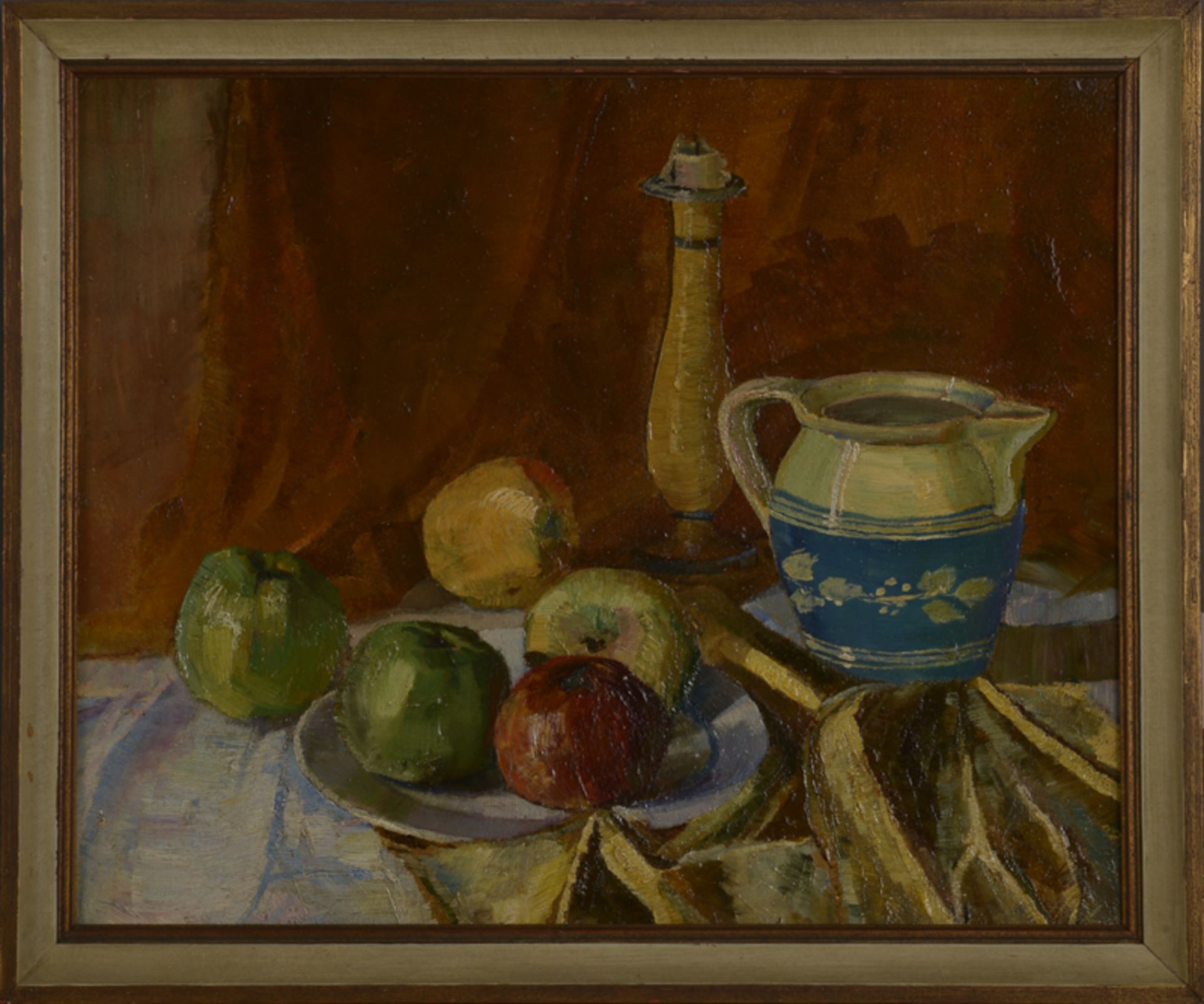 Willy Habl (1888 - 1964) - Öl auf Malkarton, "Tischstillleben mit Früchten, Kanne und Leuchter", (