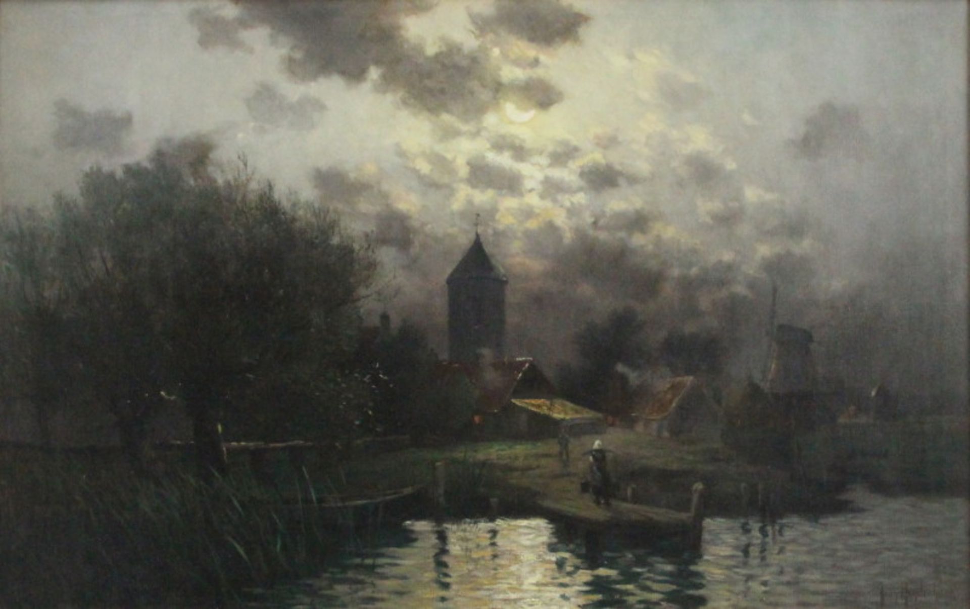 Jean Hendrichs (19./20. Jahrhundert) - Öl auf Leinwand, "Mondnacht über holländischer - Bild 2 aus 4