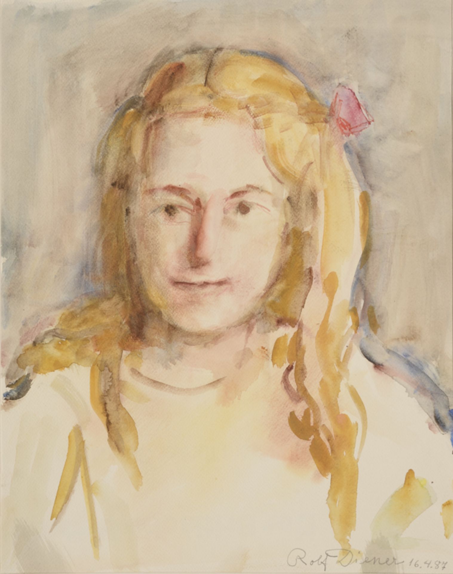 Rolf Diener (1906 - 1988) - Aquarell auf Papier, "Mädchenportrait mit blondem Haar", (19)87unten