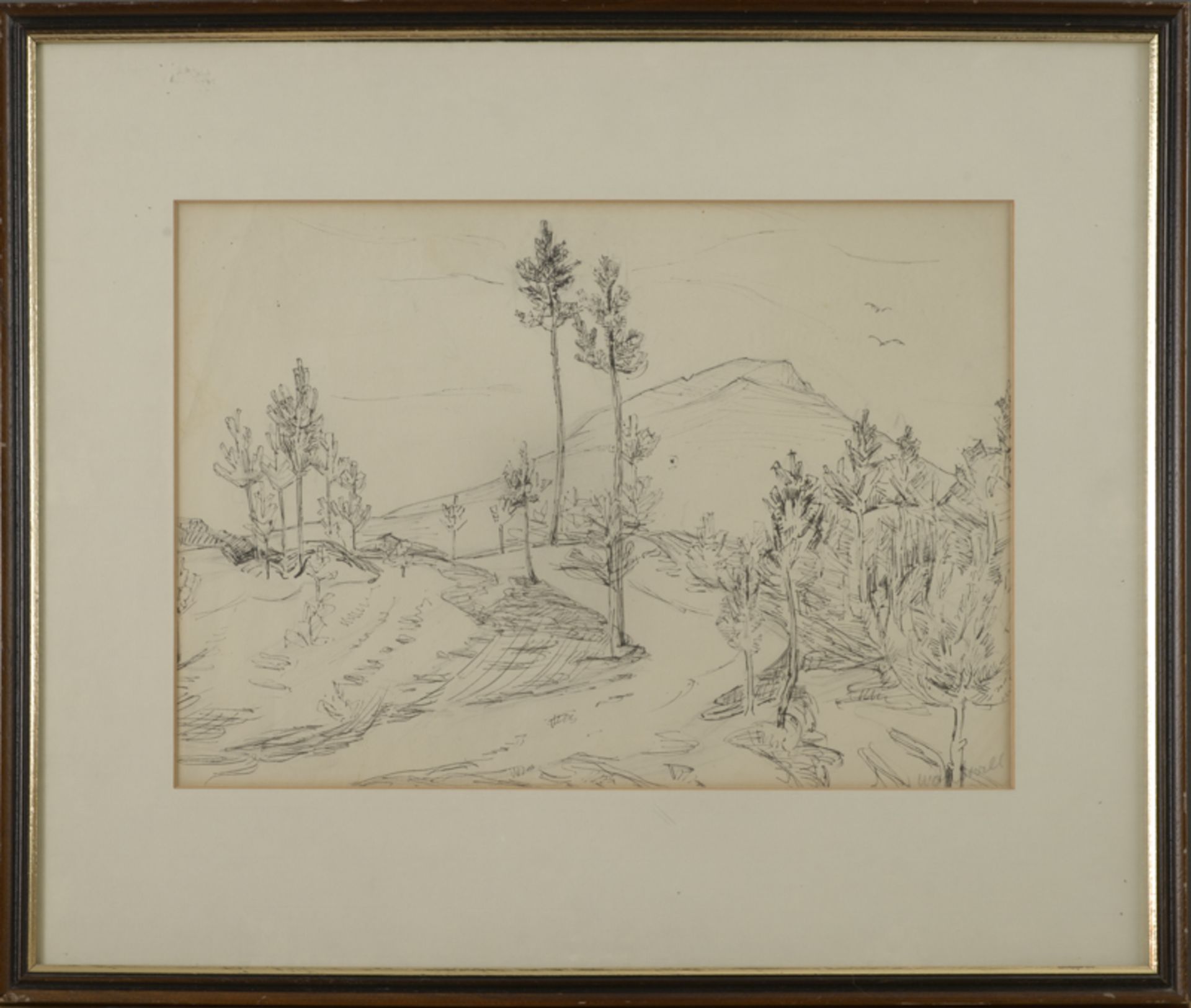 Gretchen Wohlwill (1878 - 1962) - Federzeichnung auf Papier, "Landschaft mit Berg"unten rechts mit