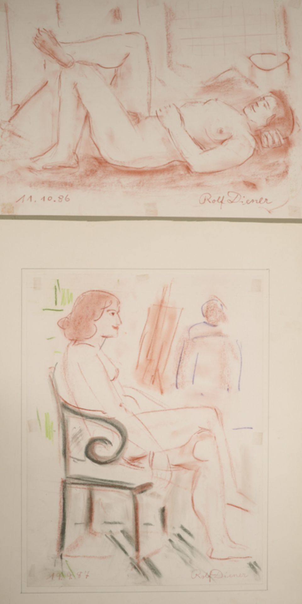 Rolf Diener (1906 - 1988) - 1 Paar Rötelzeichnungen auf Papier, "Weibliches Aktmodell liegend und