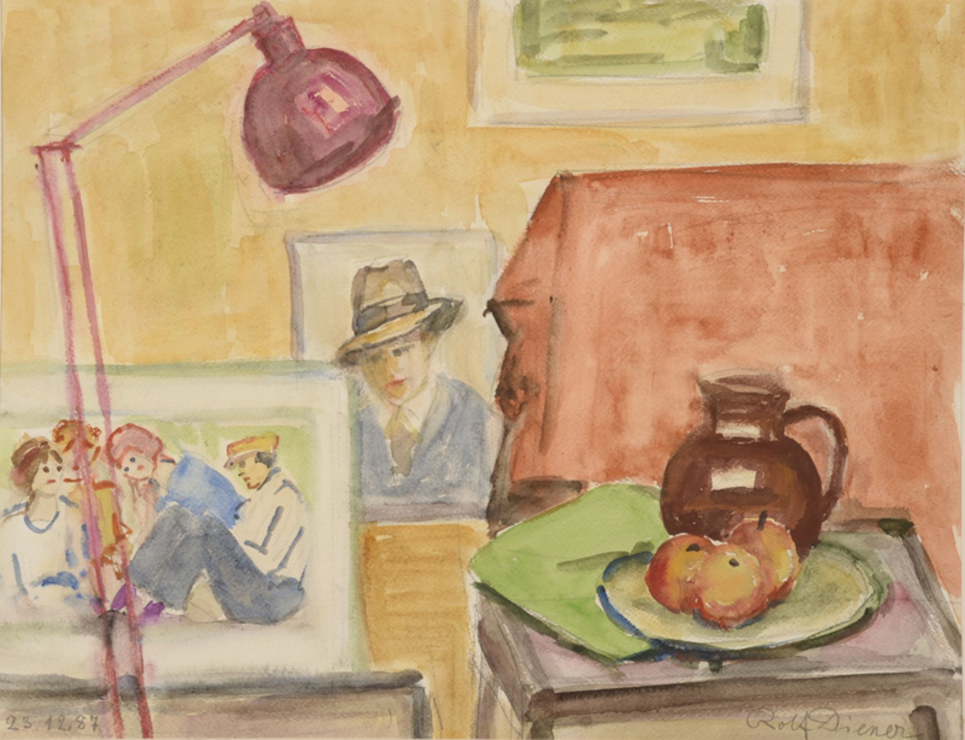 Rolf Diener (1906 - 1988) - Aquarell auf Papier, "Interieur mit Fotographien und Stillleben", 23.