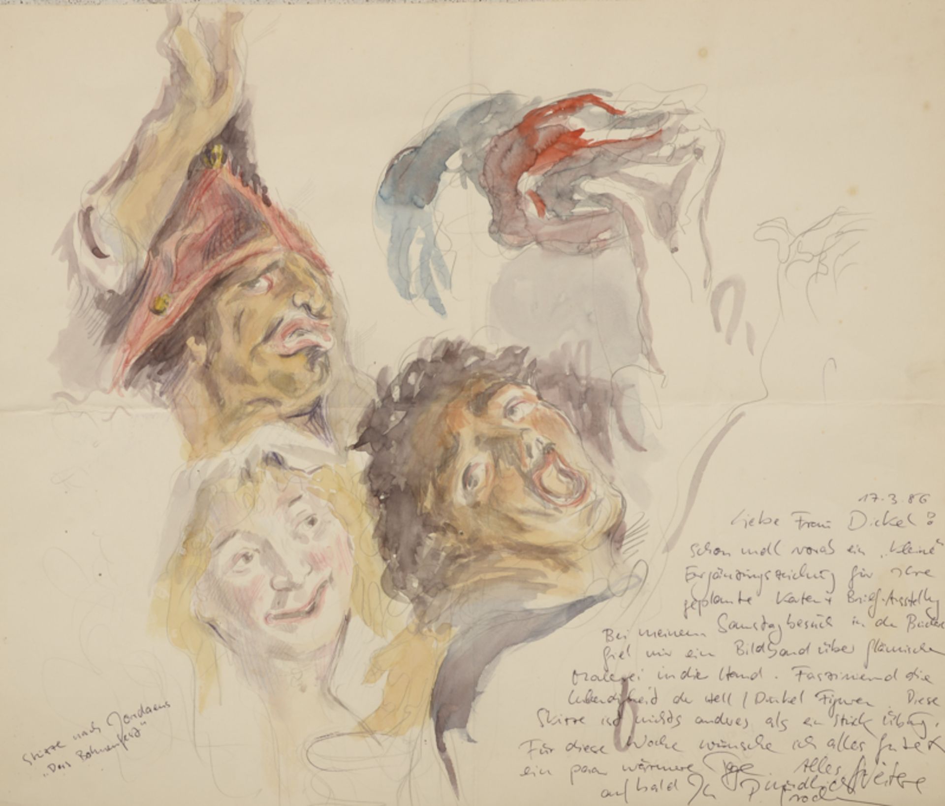 Peter Grochmann (1956 - 2009) - Aquarell über Bleistift auf Papier, "Skizze nach J. Jordaens (1593 -