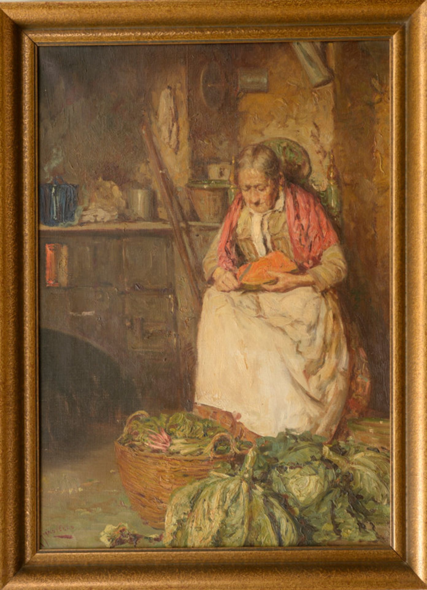 Giuseppe Giardiello (1887 - 1920) - Öl auf Leinwand, "Lavori in Cucina/Alte Frau beim Zubereiten