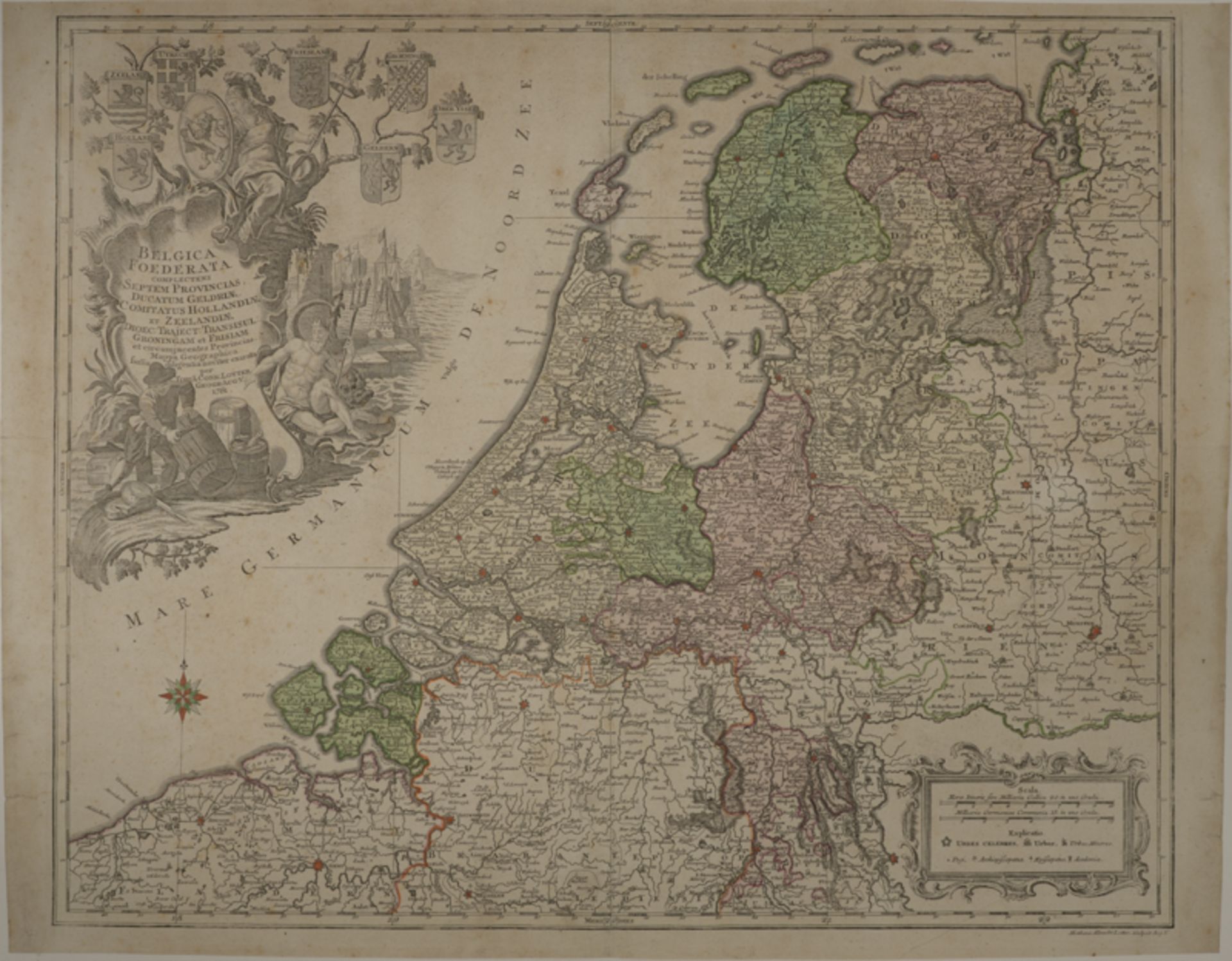 Tobias Conrad Lotter (1717 - 1777) - Radierung/Kupferstich, colorierte Landkarte von Belgien und den