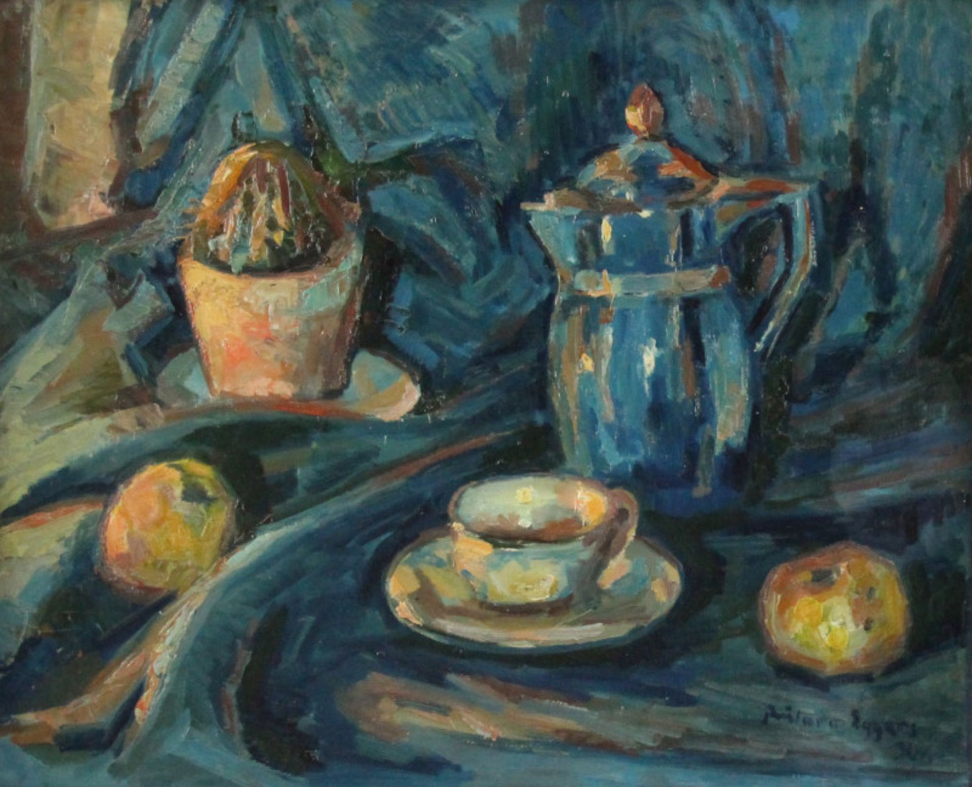 Richard Eggers (1905 - 1995) - Öl auf Leinwand, "Stillleben mit Früchten, Kaktus, Kanne und Tasse - Image 2 of 4