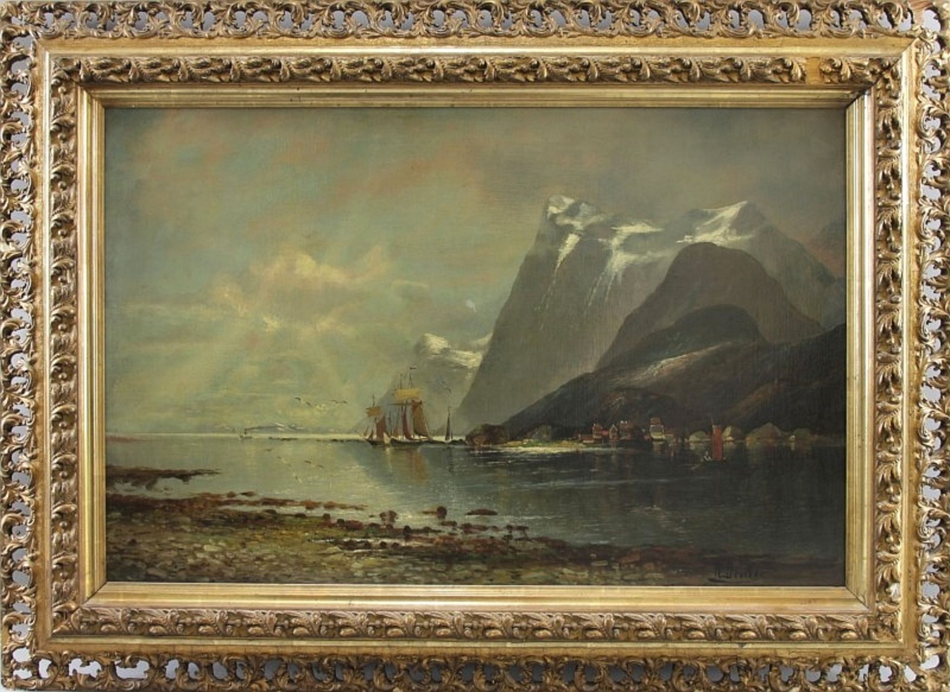 Rudolf Becker (1856 - ?) - Öl auf Leinwand, "Norwegische Fjordlandschaft mit Fischerhäusern,