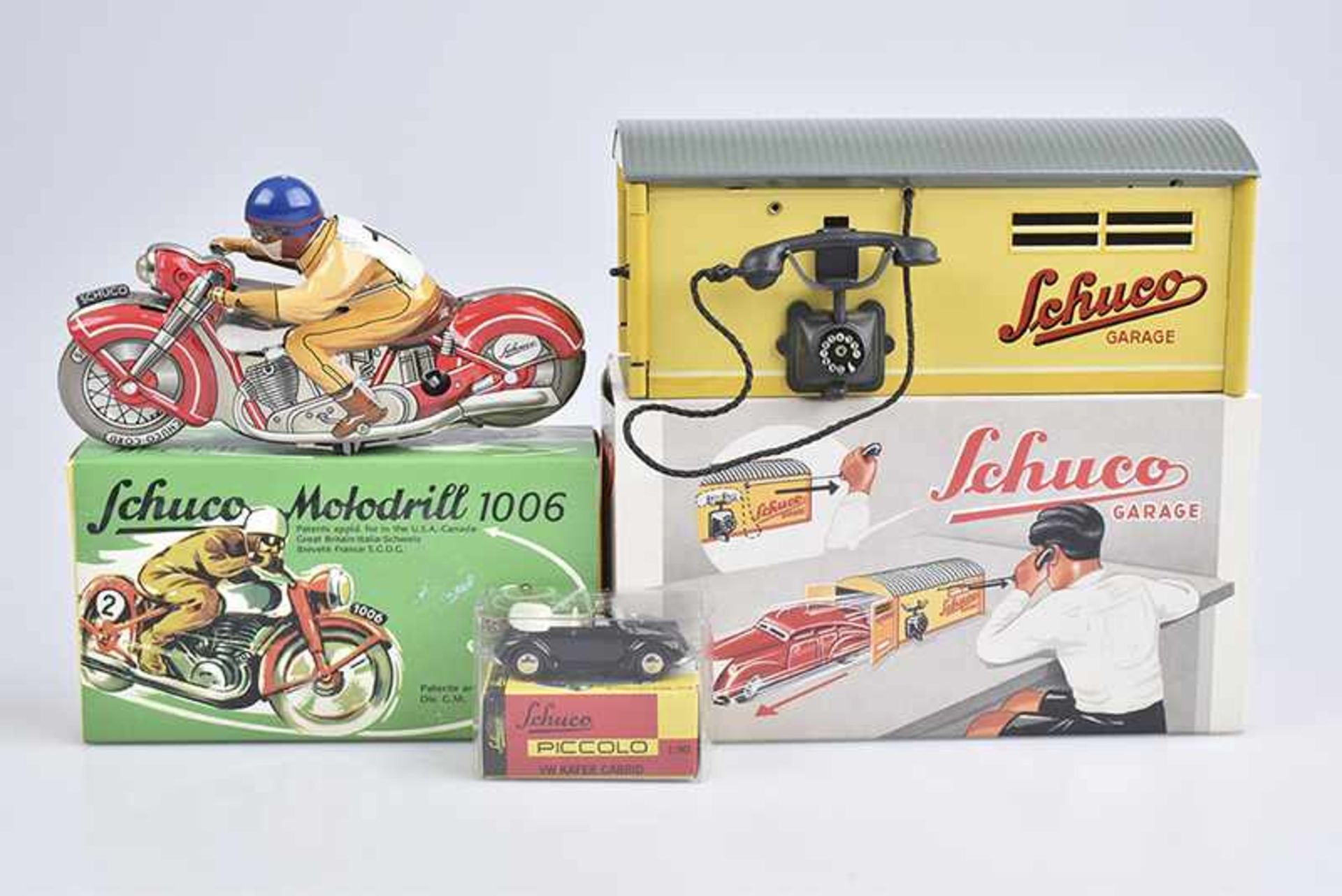 Konv. 3 Teile, SCHUCO, Blech, L 5-15,5 cm, SCHUCO Garage 1500, mit Telefon-/Türöffner, Motodrill