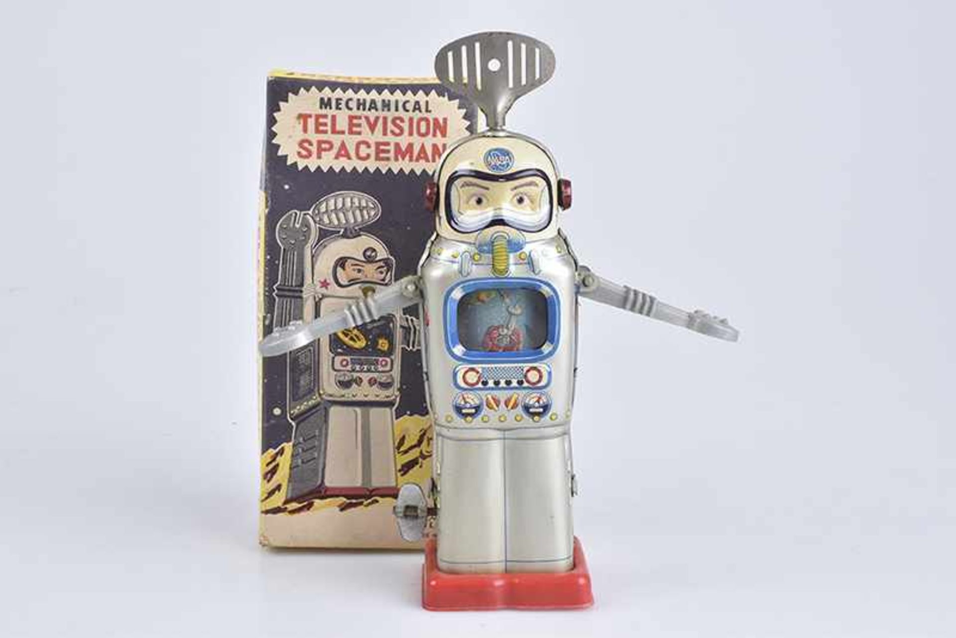 ALPS Television Spaceman, Made in Japan, 60er Jahre, Blech/ Kunststoff, lithographiert, H 16 cm,