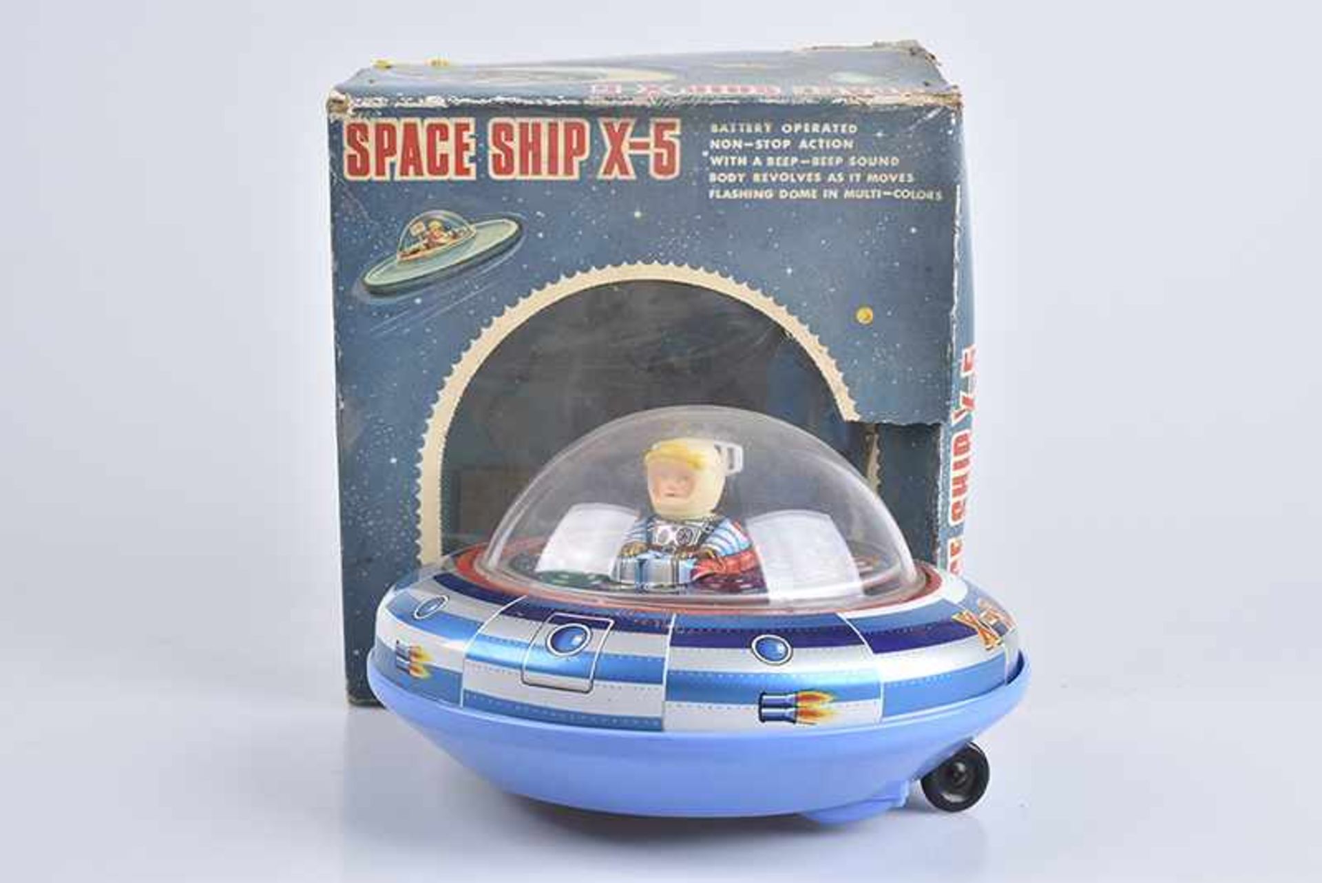 TM Space Ship X-5, 70er Jahre, Made in Japan, Blech/ Kunststoff, lithographiert, D 20 cm, BA, Z 1-2,