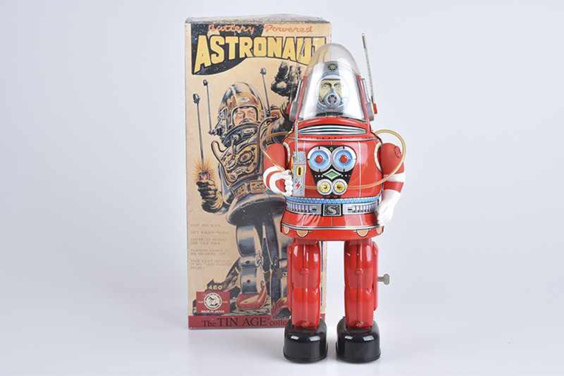 OSAKA TIN TOY Astronaut, Replik, 80er Jahre, Made in Japan, Blech, rot und lithographiert, L 34