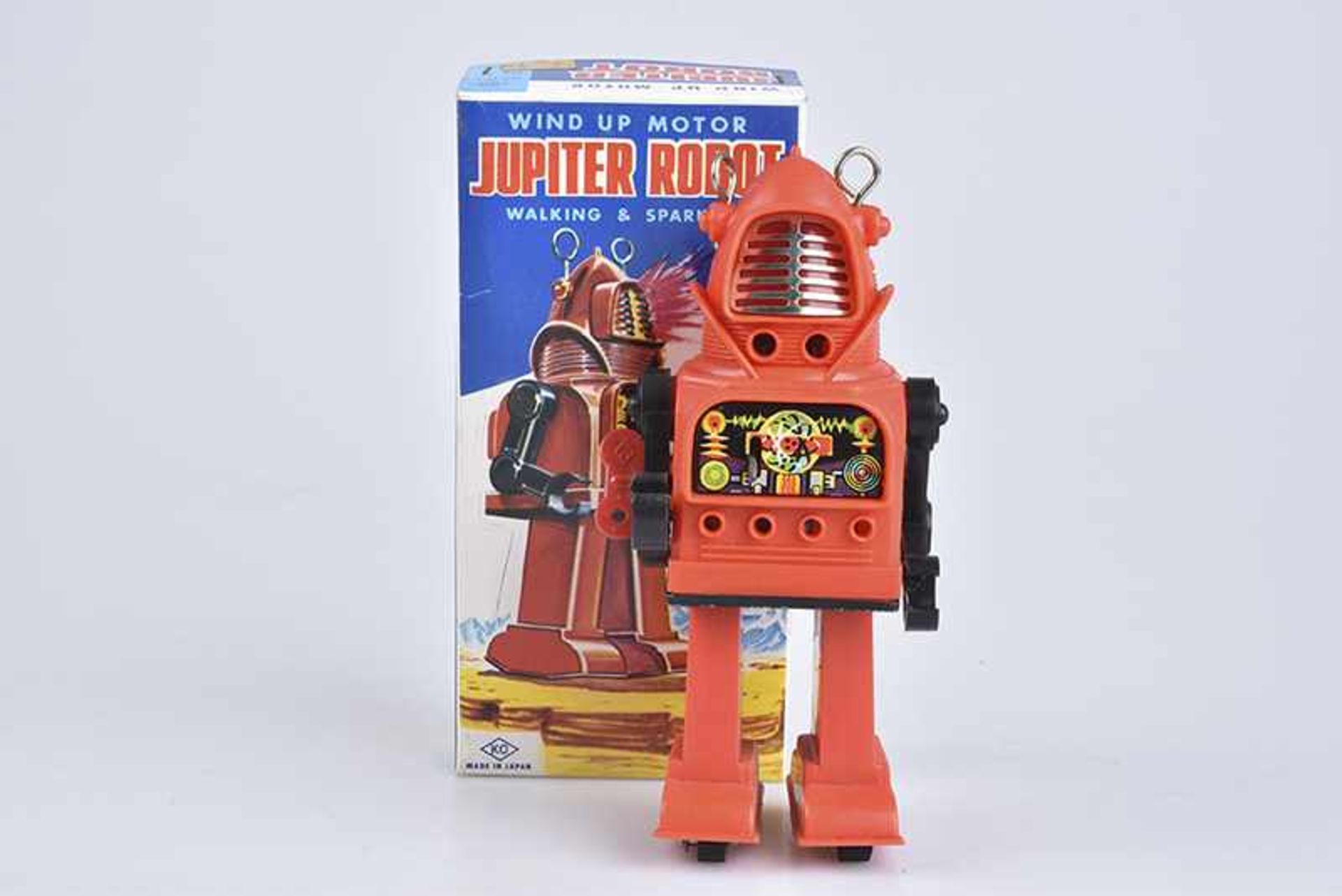 K.O Jupiter Robot, 70er Jahre, Made in Japan, Kunststoff/ Blech, rot, H 18 cm, Uhrwerk, leichte