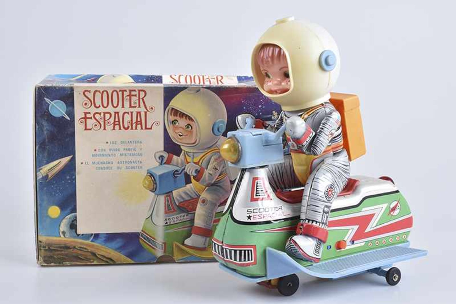 JUGUETES EGE Scooter Espacial, 60er Jahre, Made in Spain, Blech/ Kunststoff, lithographiert, L 21