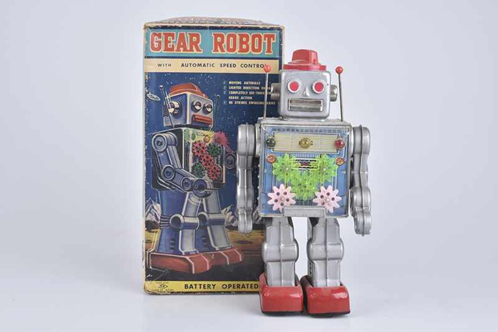 S. HORIKAWA Gear Robot, 60er Jahre, Made in Japan, Blech/ Kunststoff, grau, H 29 cm, BA, leichte