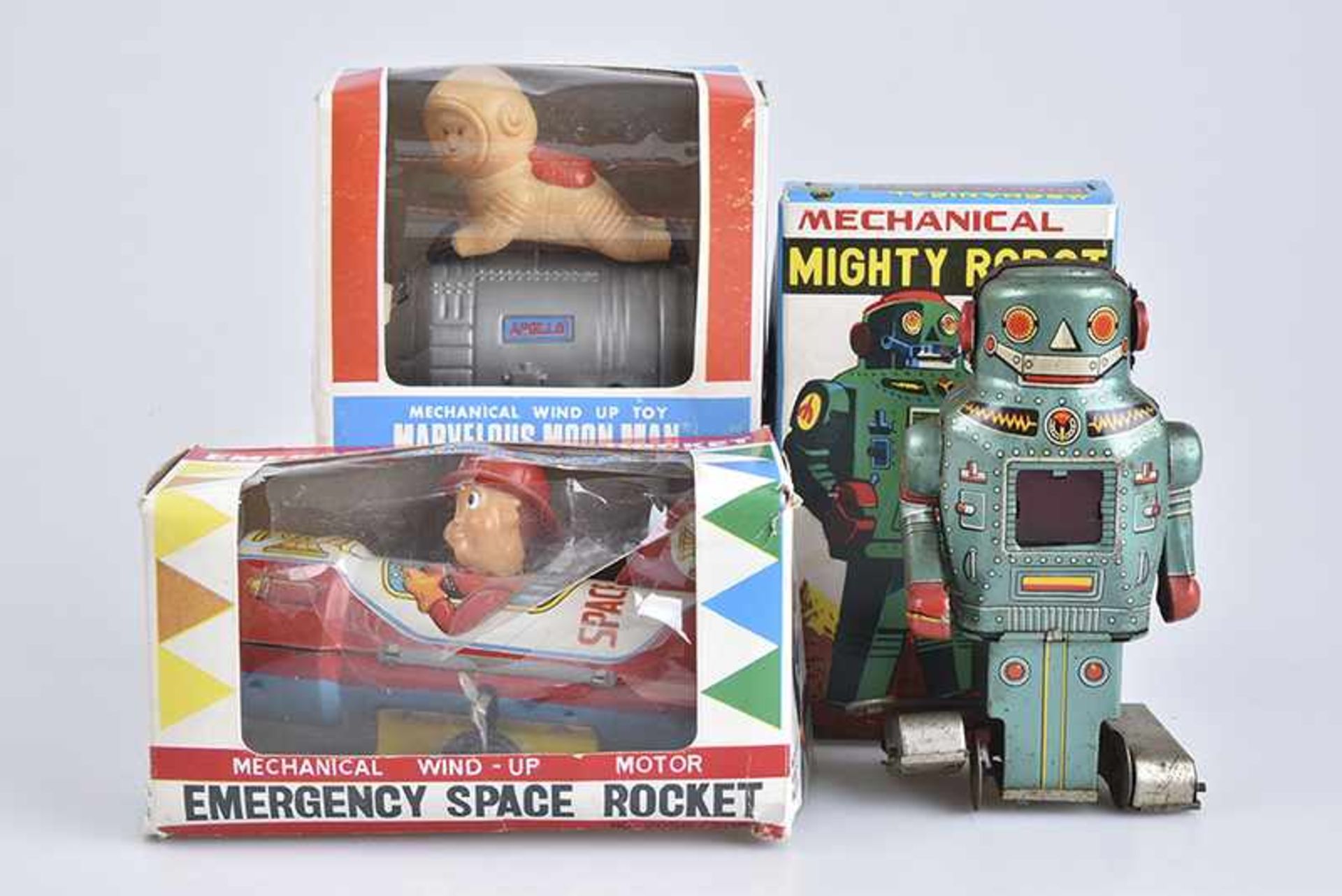 Konv. 3 Teile, Made in Japan, YONE Emergency Space Rocket, YONE Marvelous Moon Man, 60er-70er Jahre,