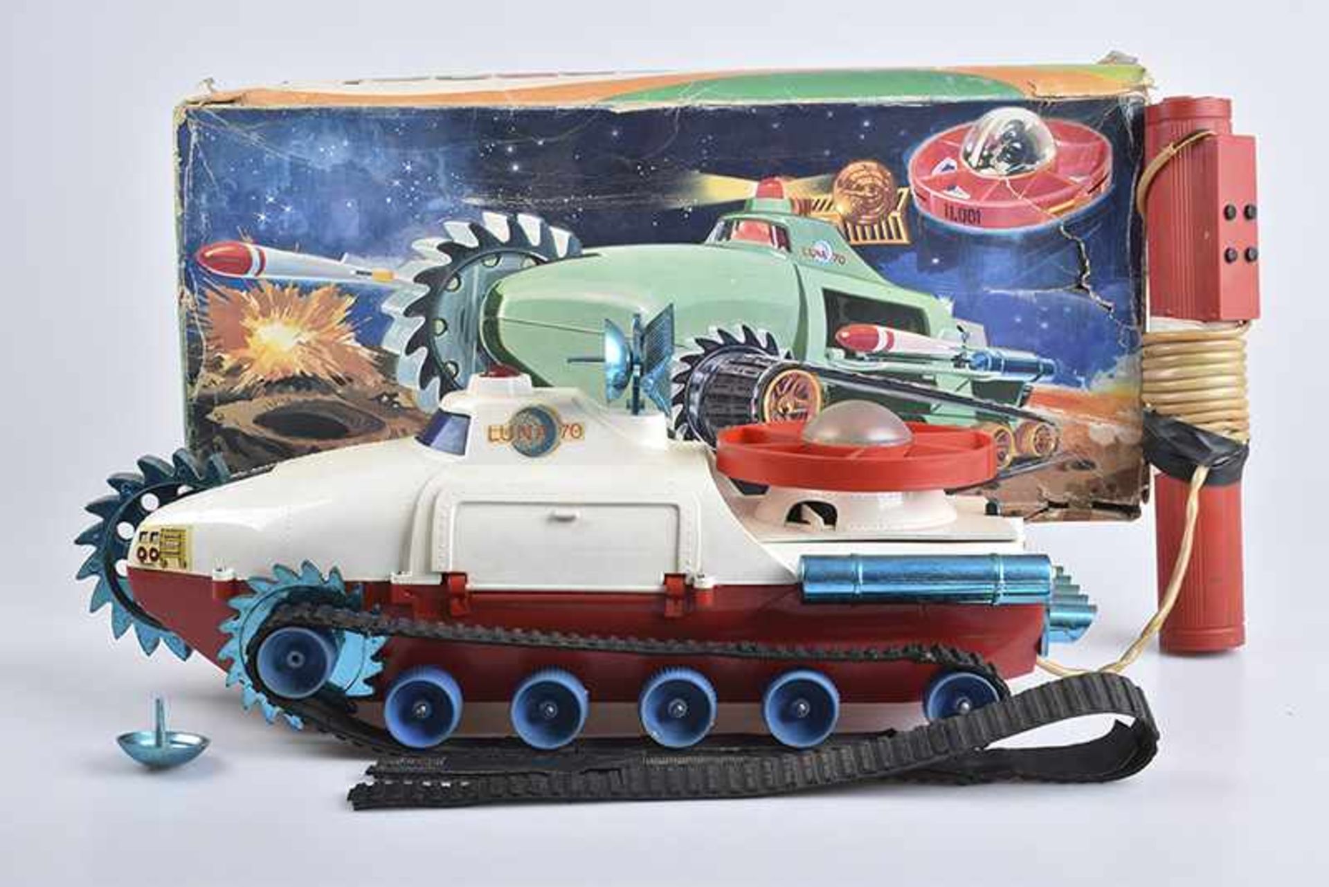 PAYA Luna 70 Tanque espacial, 70er Jahre, Made in Spain, Kunststoff, weiß/ blau/ rot, L 43 cm, BA,