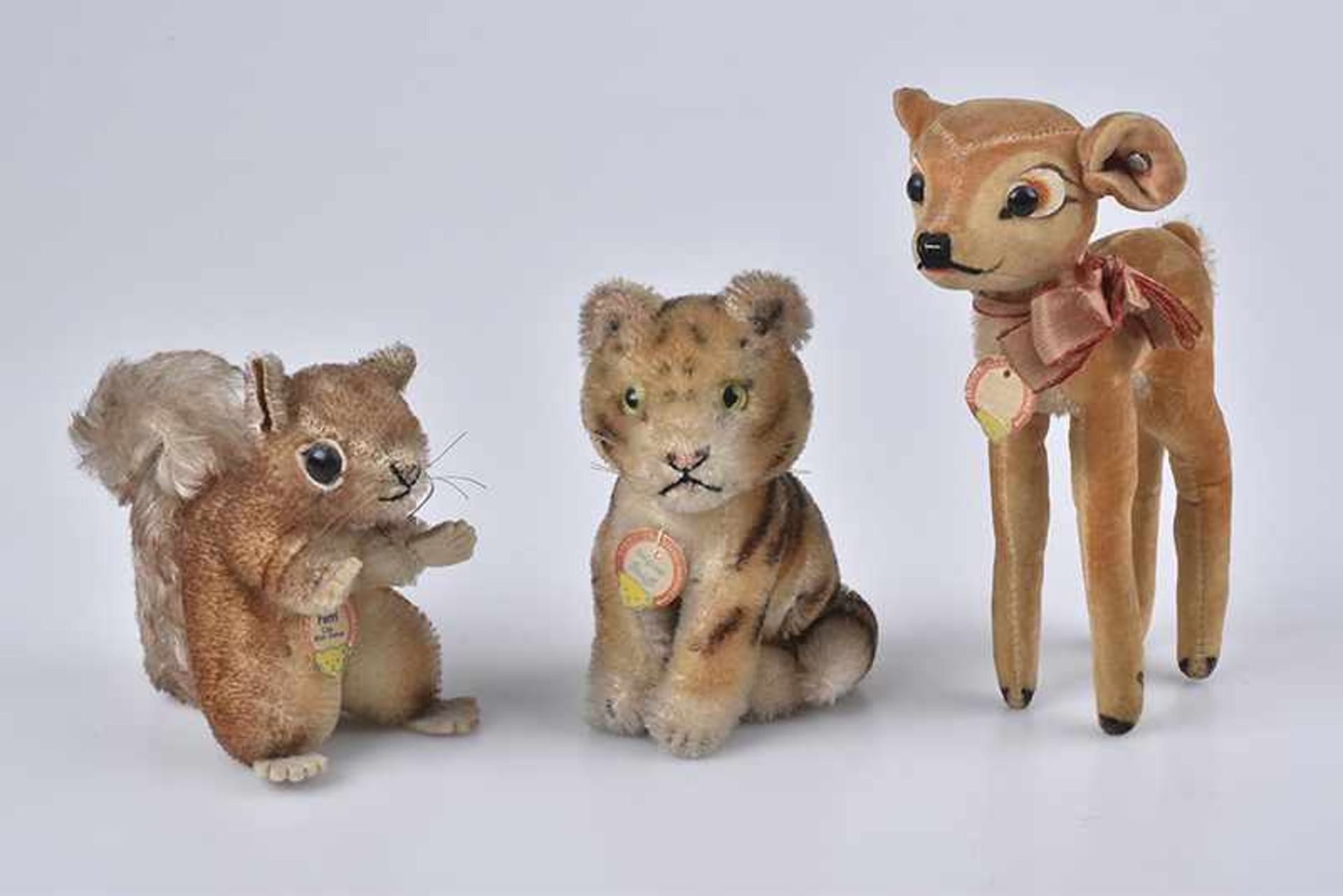 STEIFF 3 Tiere, 60er Jahre, 10-14 cm, Tiger Baby, mit Schild, Mohair, sitzend, Drehkopf, Perri
