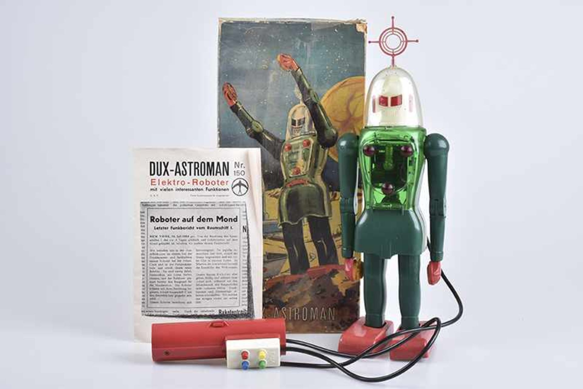 DUX-ASTROMAN Electric Robot, um 1960, Kunststoff, grün, H 30 cm, BA mit Fernsteuerung, Scheiben an