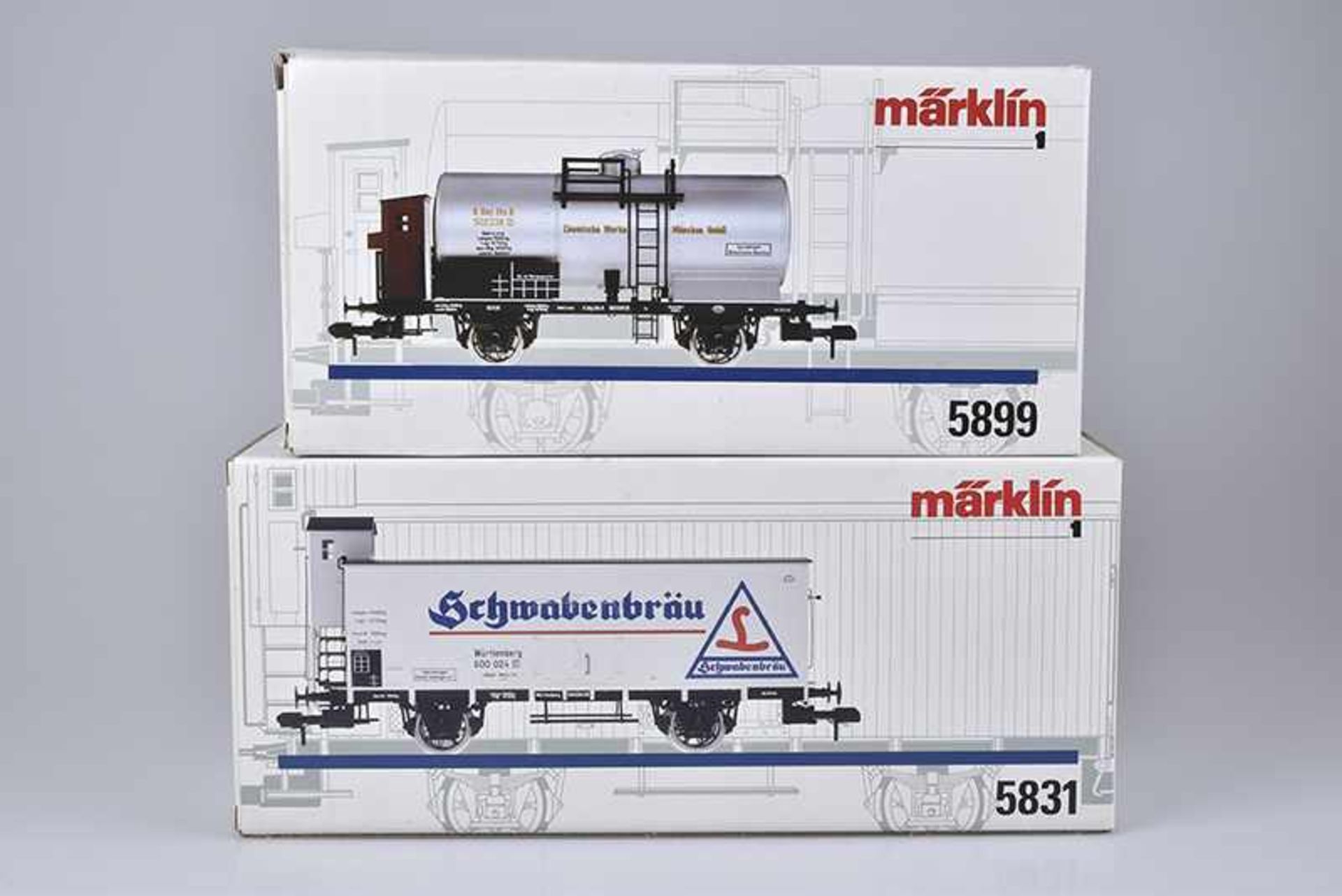 MÄRKLIN 2 Güterwagen, S1, 5831 Gedeckter Güterwg. 'Schwabenbräu', Brh., 5899 Kesselwg. 'Chemische