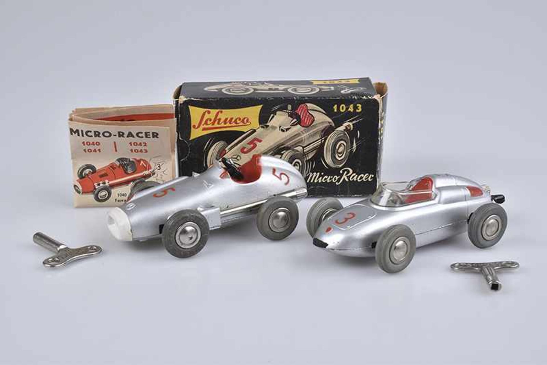 SCHUCO 2 Midget Micro Racer, 1955/61, Made in Western Germany, D.B Patent, Blech, silber, L 10 cm,